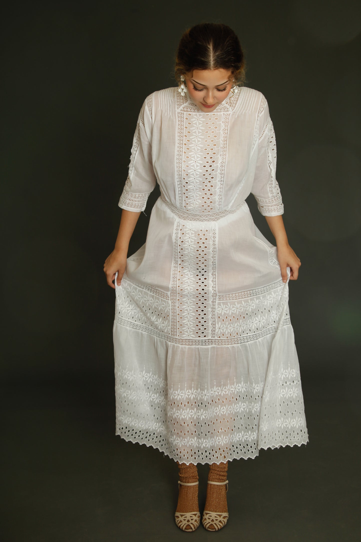 Edwardian Floral Embroidered Dress with Cutout Details