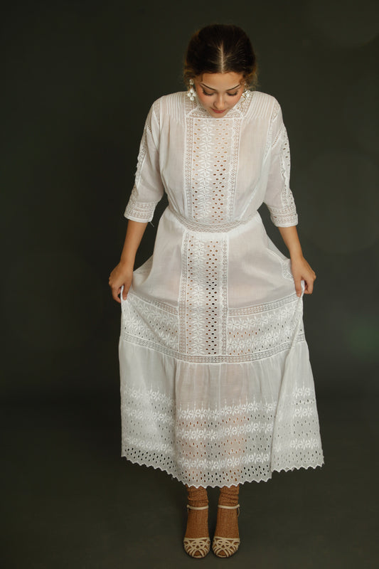 Edwardian Floral Embroidered Dress with Cutout Details