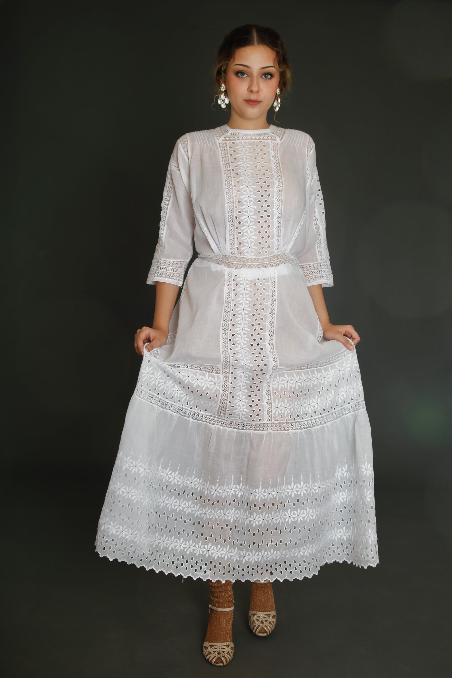 Edwardian Floral Embroidered Dress with Cutout Details