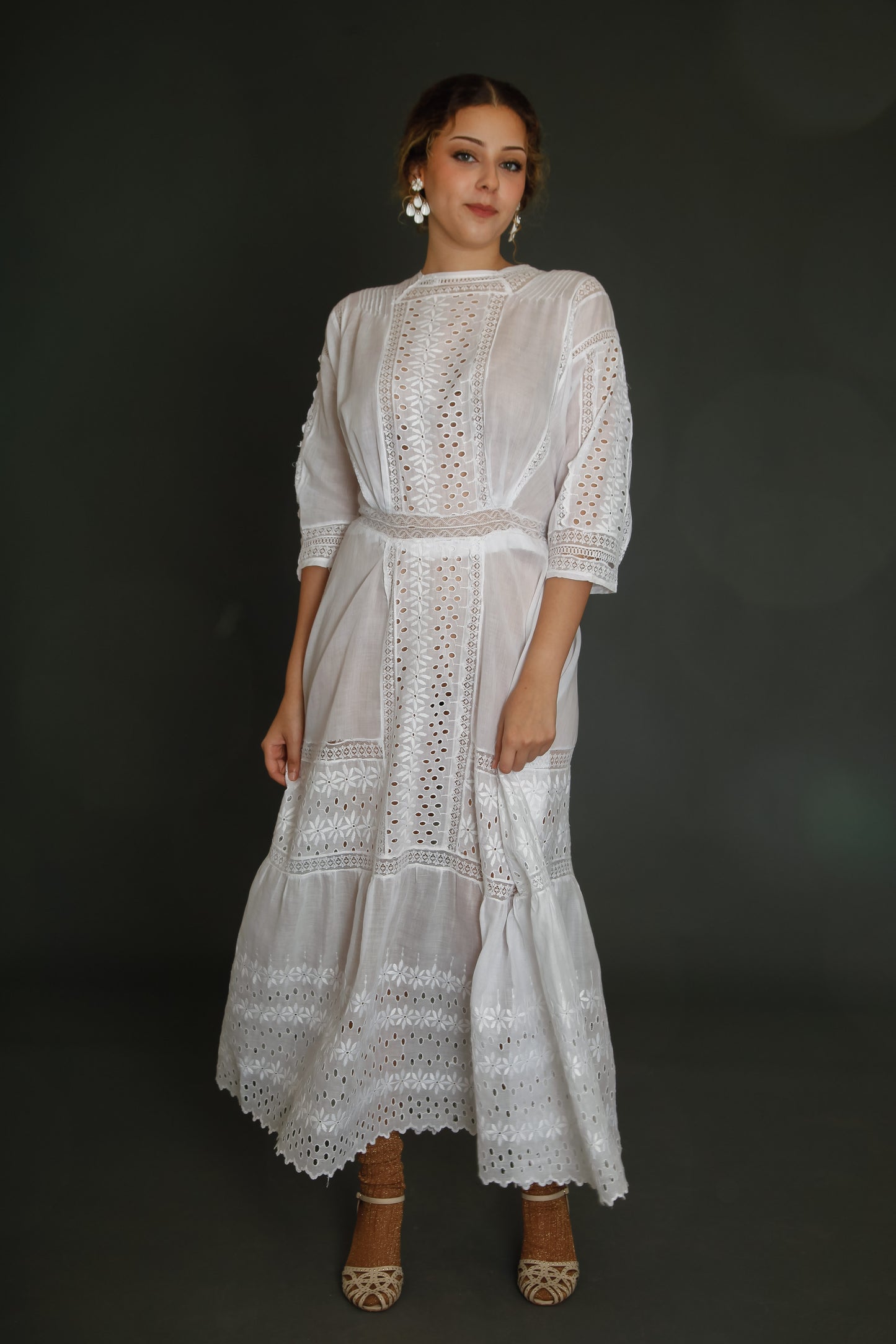 Edwardian Floral Embroidered Dress with Cutout Details