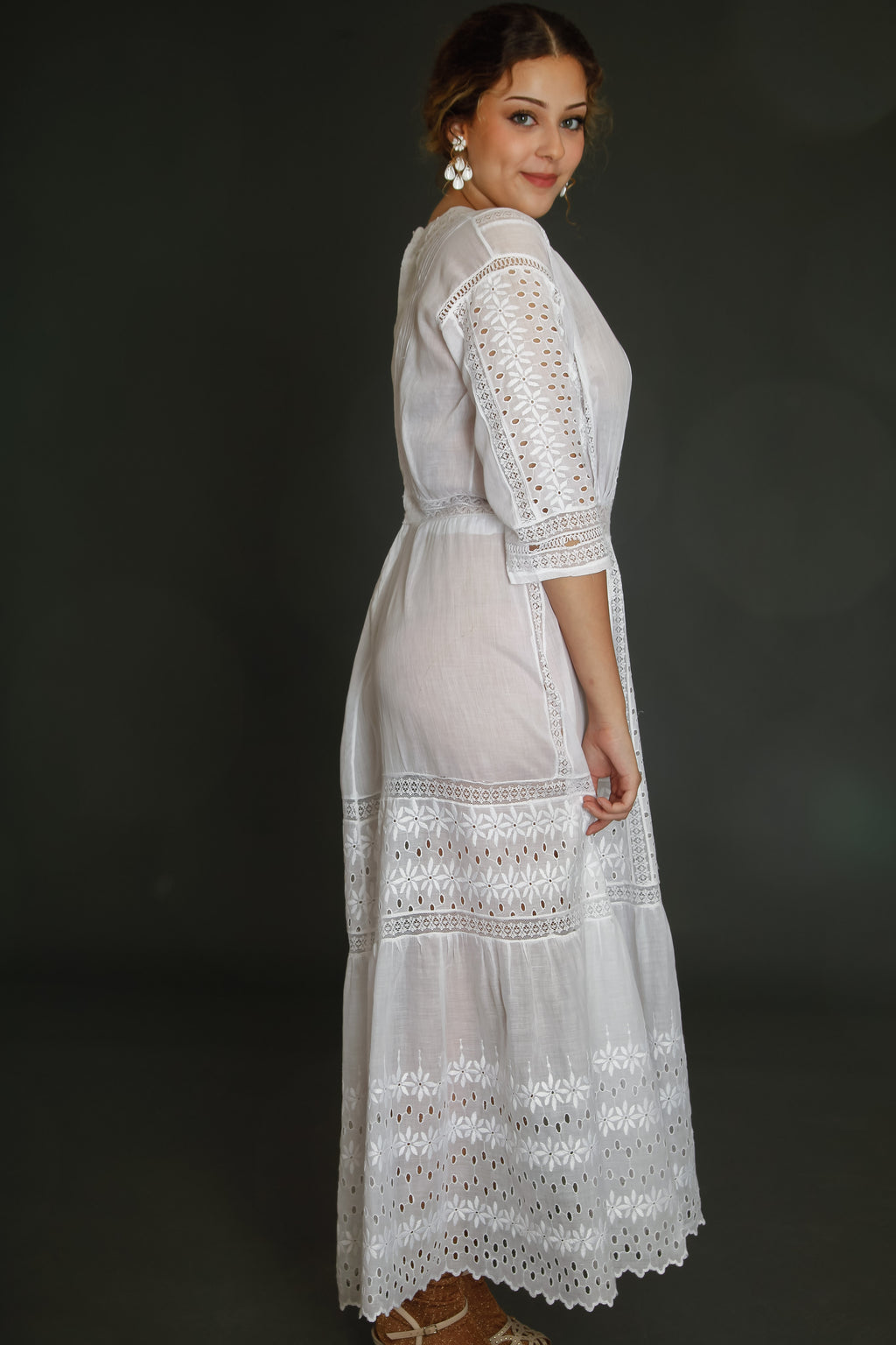 Edwardian Floral Embroidered Dress with Cutout Details