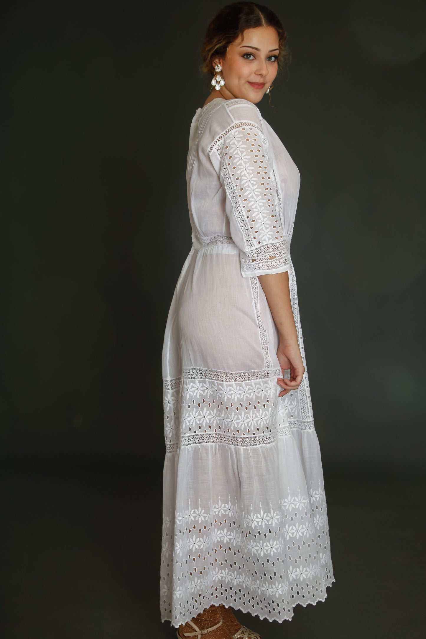 Edwardian Floral Embroidered Dress with Cutout Details