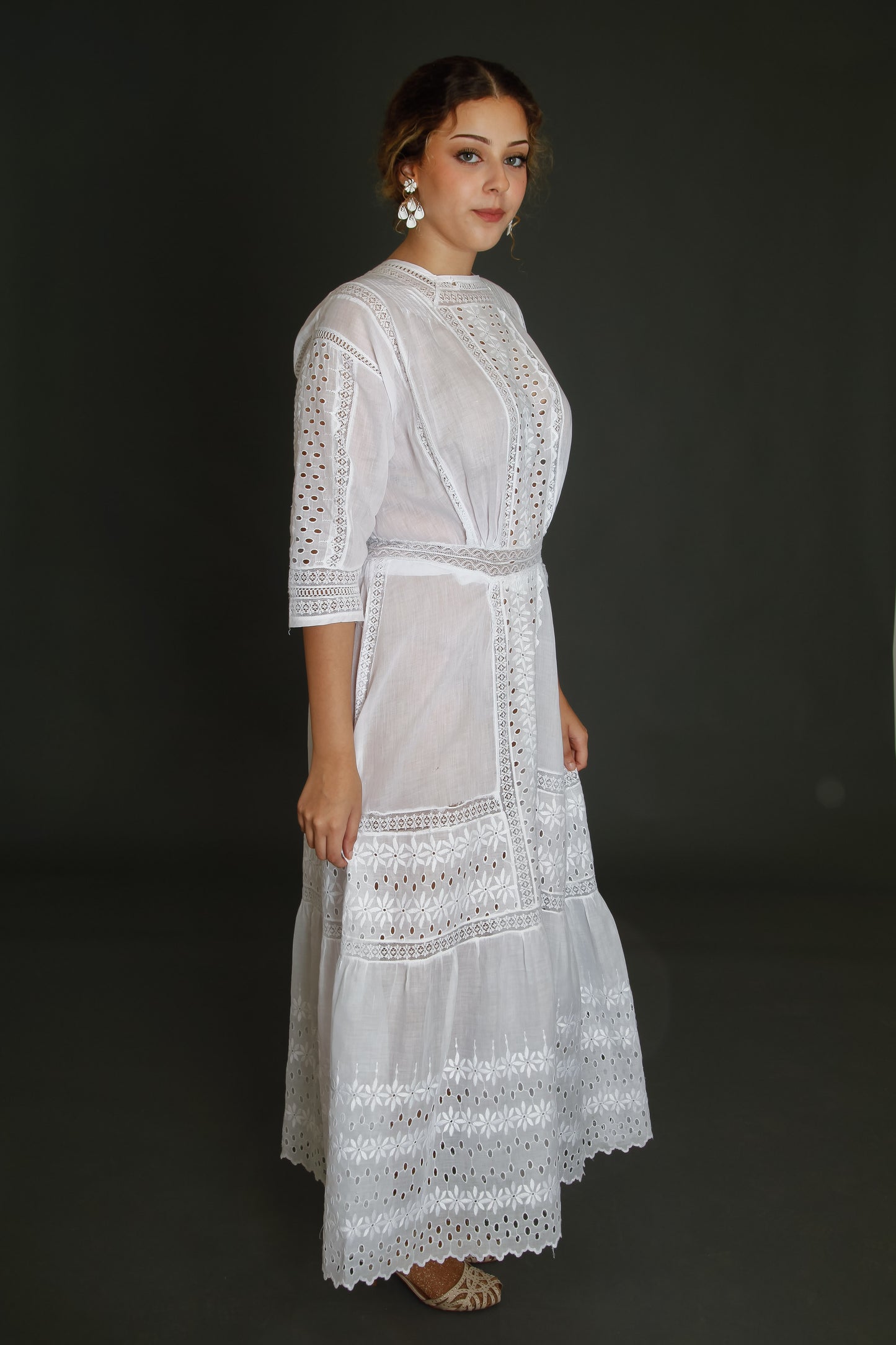 Edwardian Floral Embroidered Dress with Cutout Details