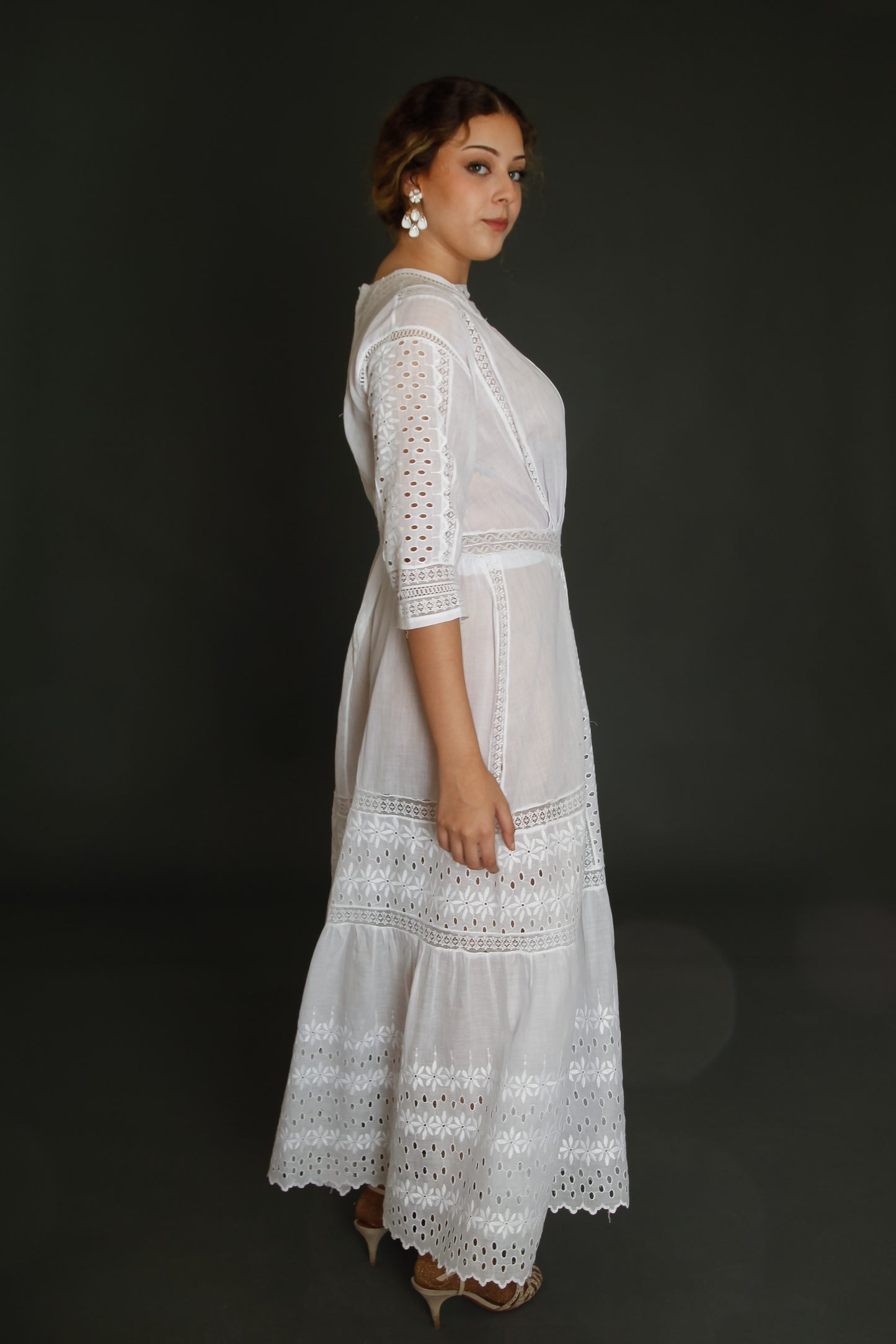 Edwardian Floral Embroidered Dress with Cutout Details