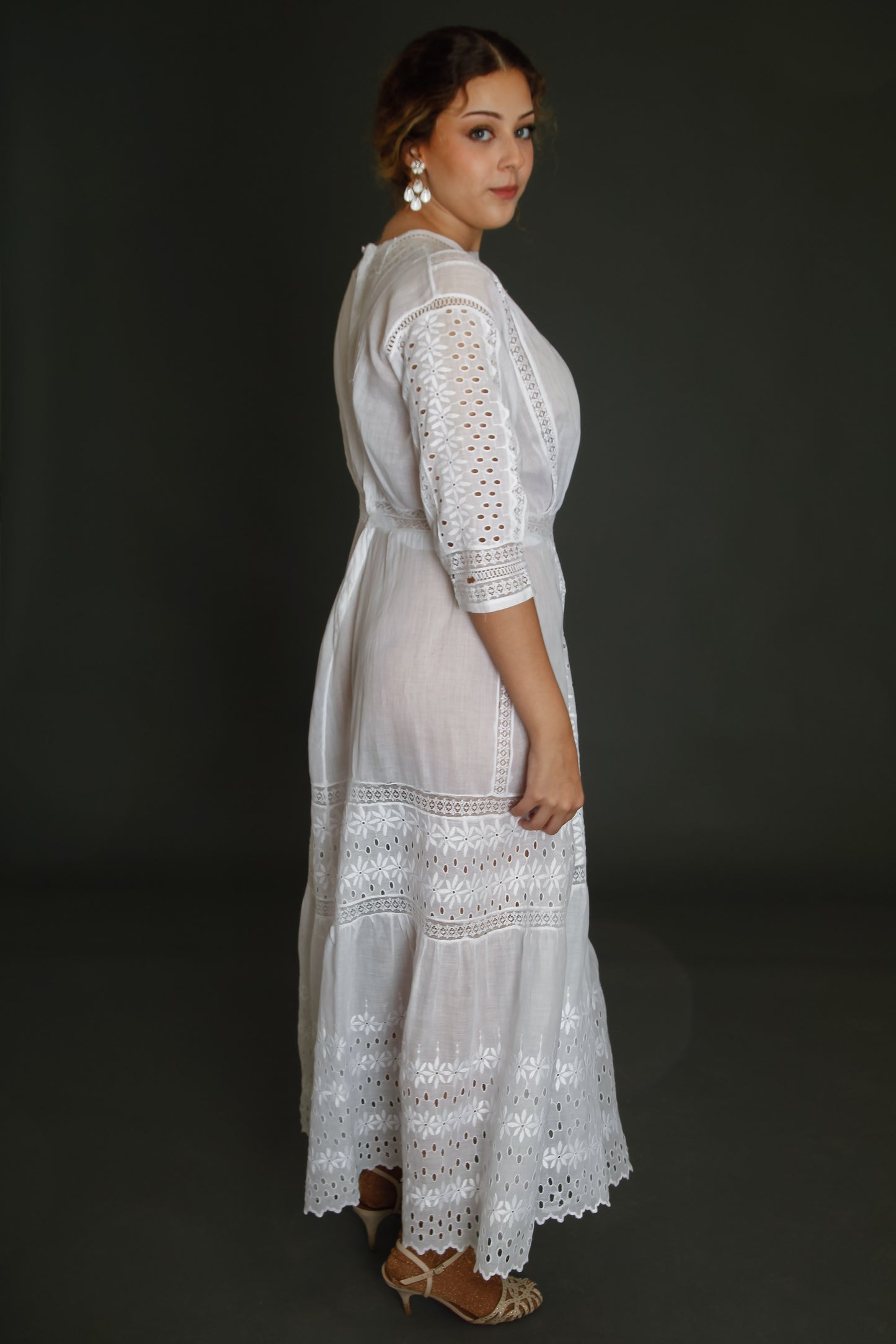 Edwardian Floral Embroidered Dress with Cutout Details