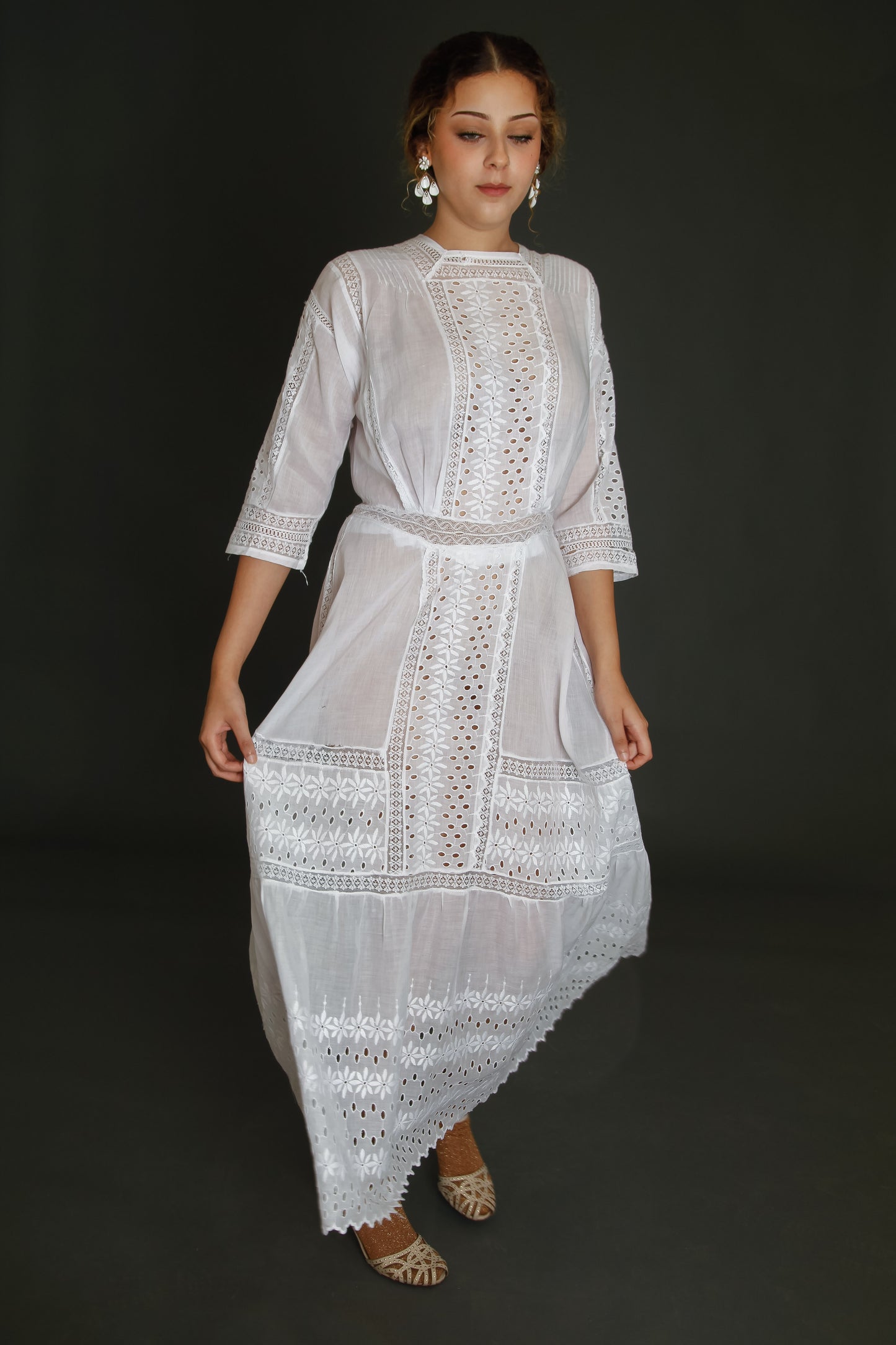 Edwardian Floral Embroidered Dress with Cutout Details