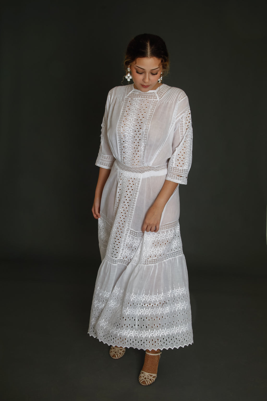 Edwardian Floral Embroidered Dress with Cutout Details