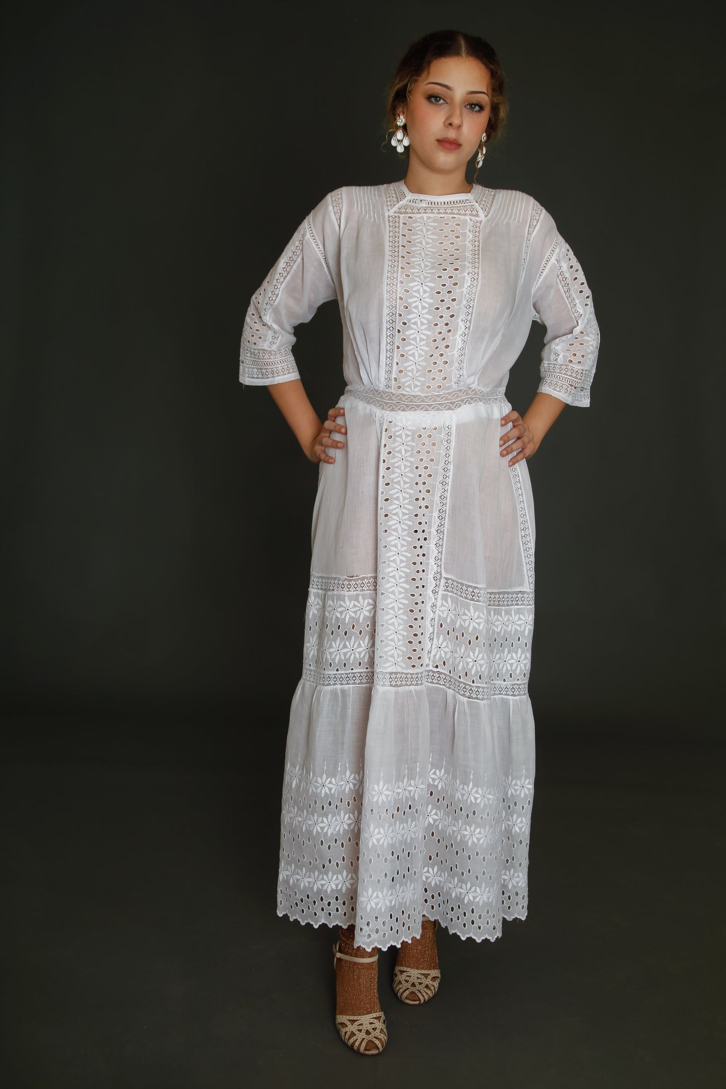 Edwardian Floral Embroidered Dress with Cutout Details