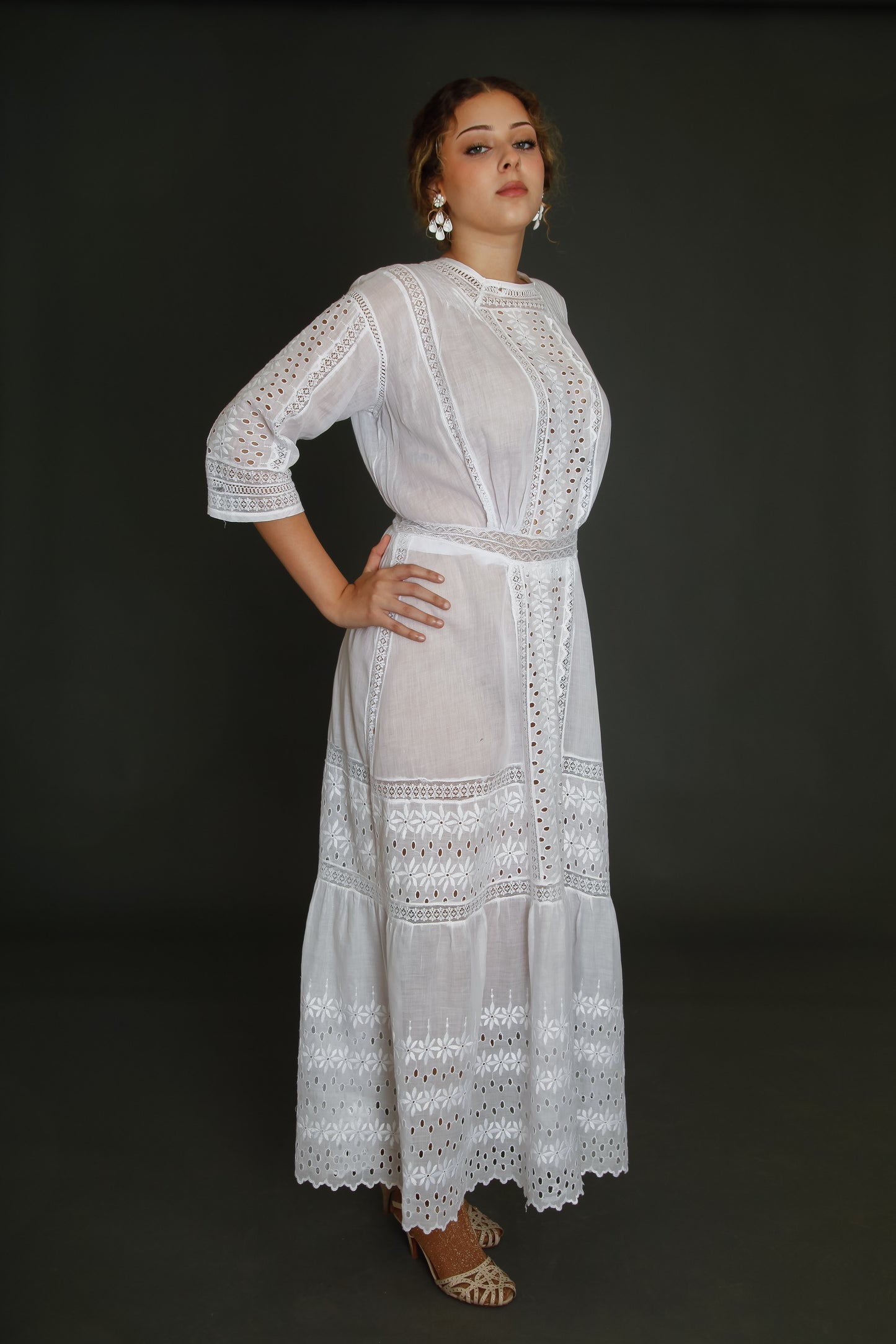 Edwardian Floral Embroidered Dress with Cutout Details