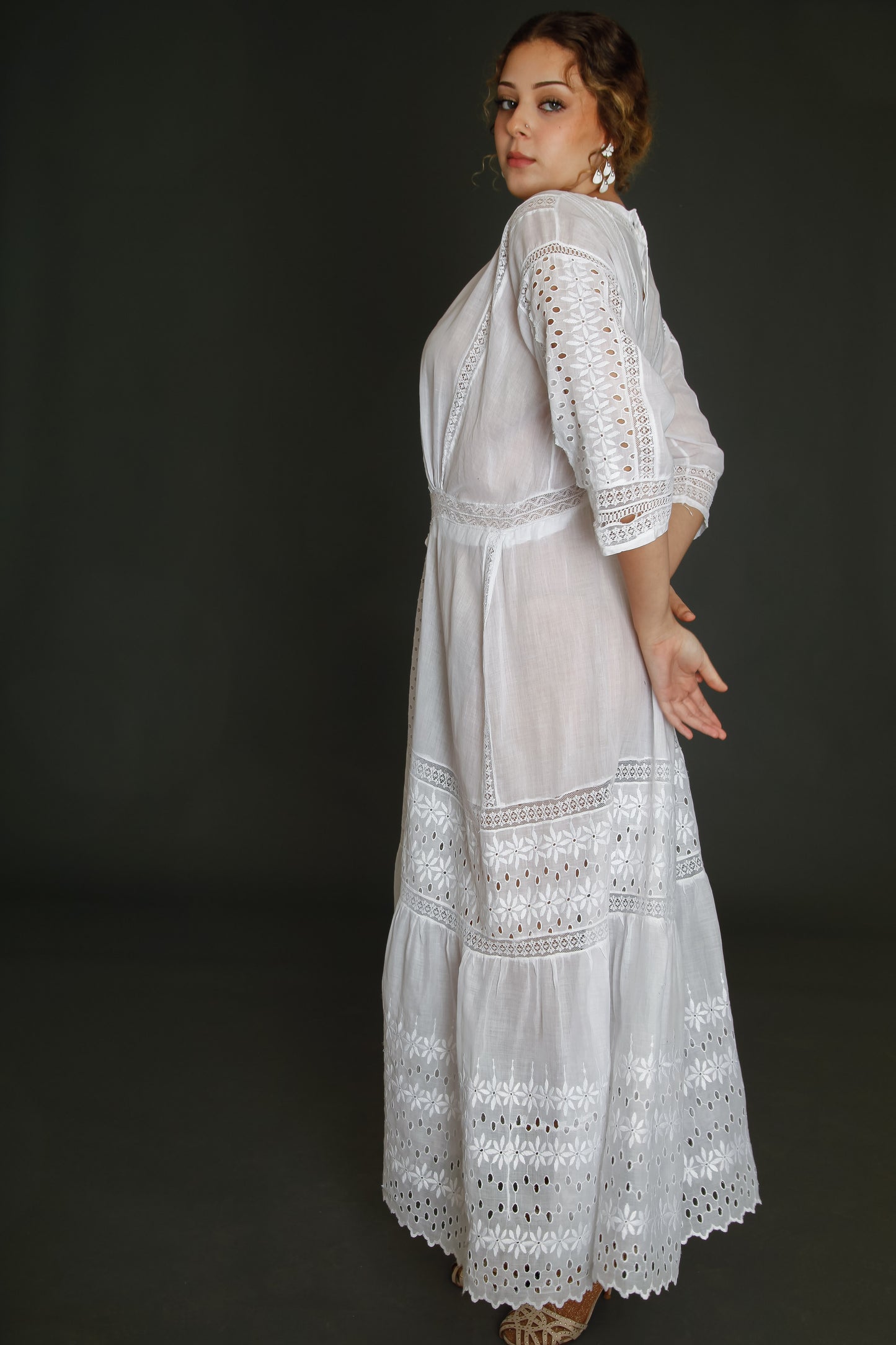 Edwardian Floral Embroidered Dress with Cutout Details