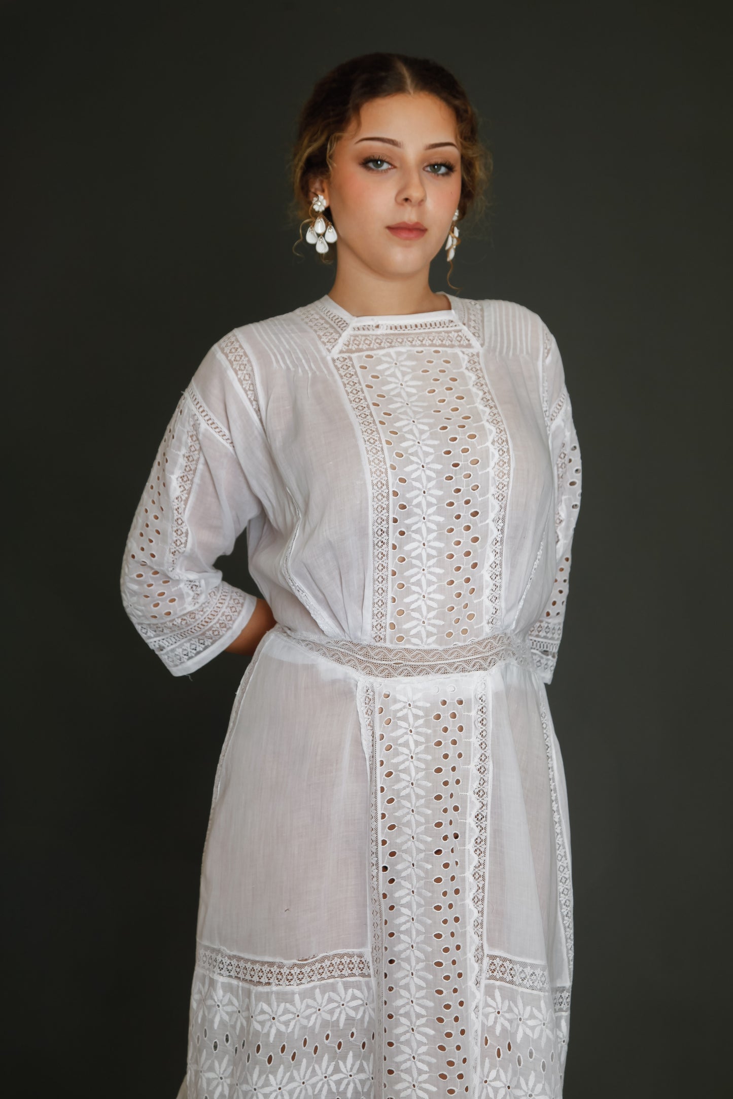 Edwardian Floral Embroidered Dress with Cutout Details