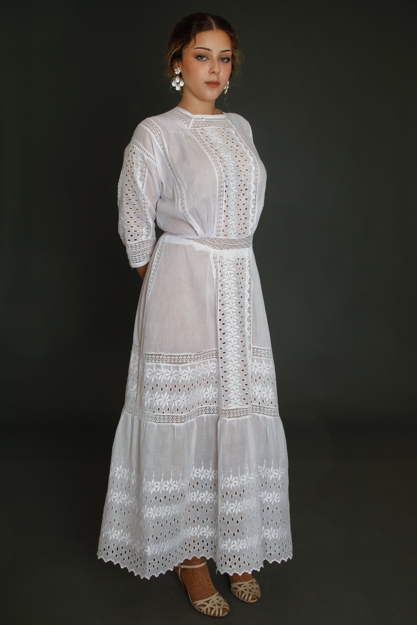 Edwardian Floral Embroidered Dress with Cutout Details