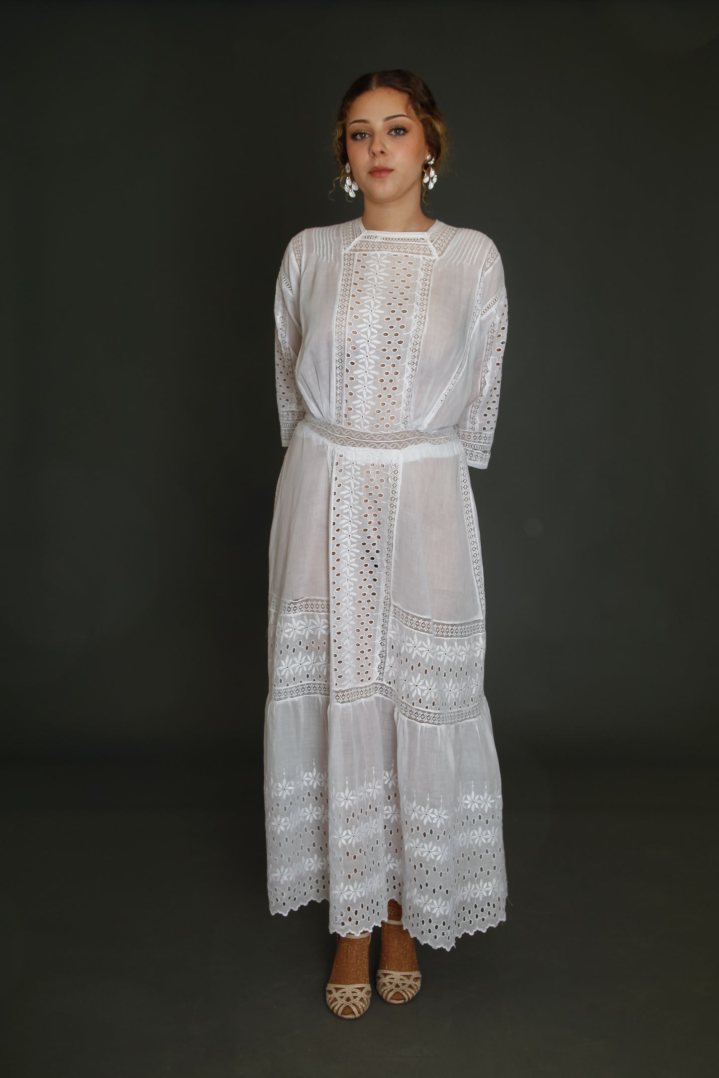 Edwardian Floral Embroidered Dress with Cutout Details
