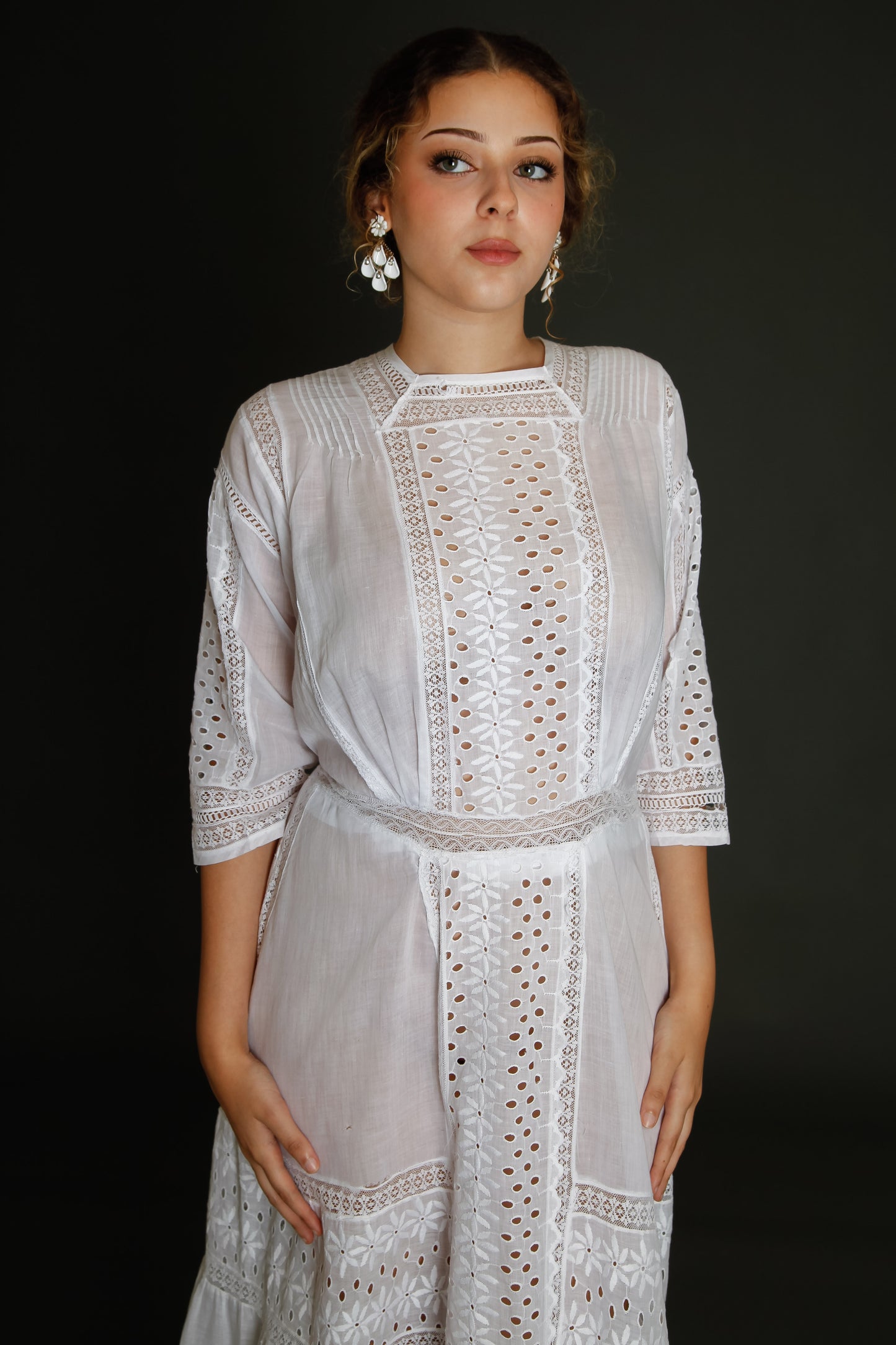 Edwardian Floral Embroidered Dress with Cutout Details