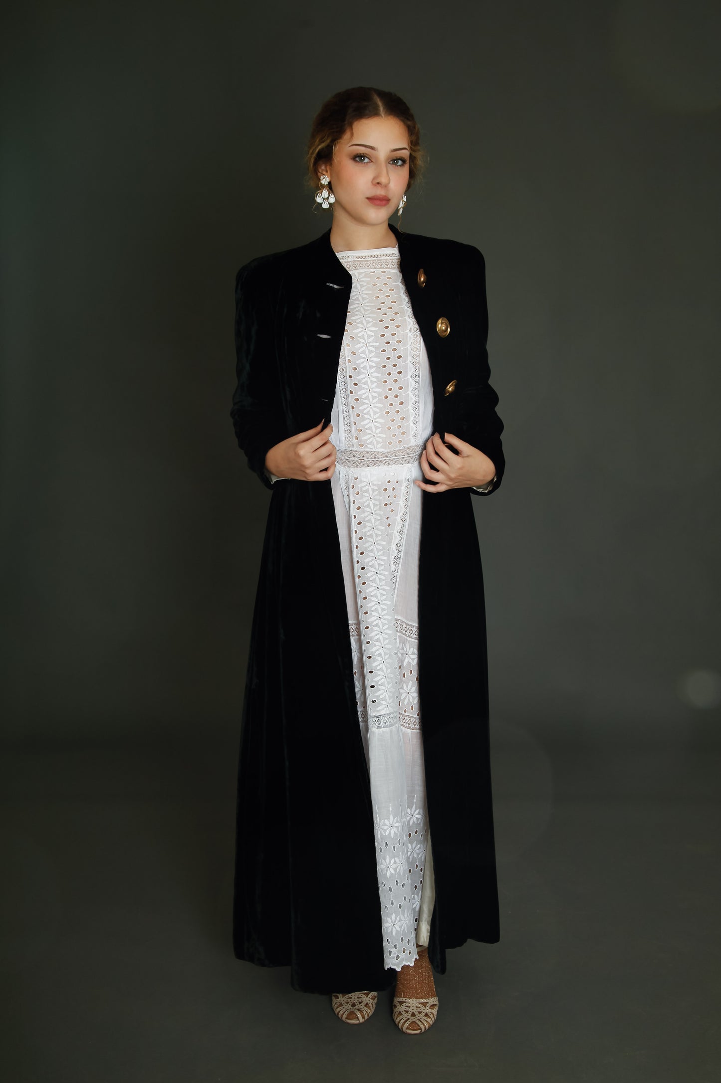 1940 Black Silk Velvet Long Evening Coat