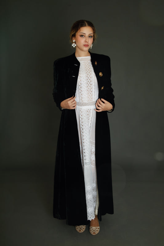 1940 Black Silk Velvet Long Evening Coat