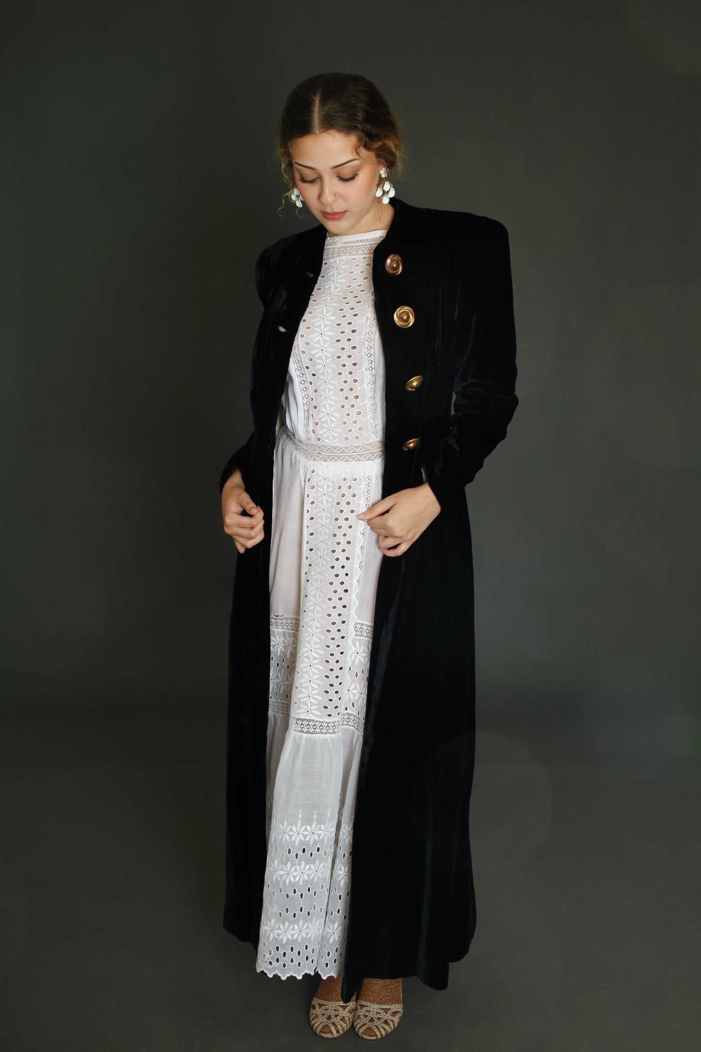 1940 Black Silk Velvet Long Evening Coat