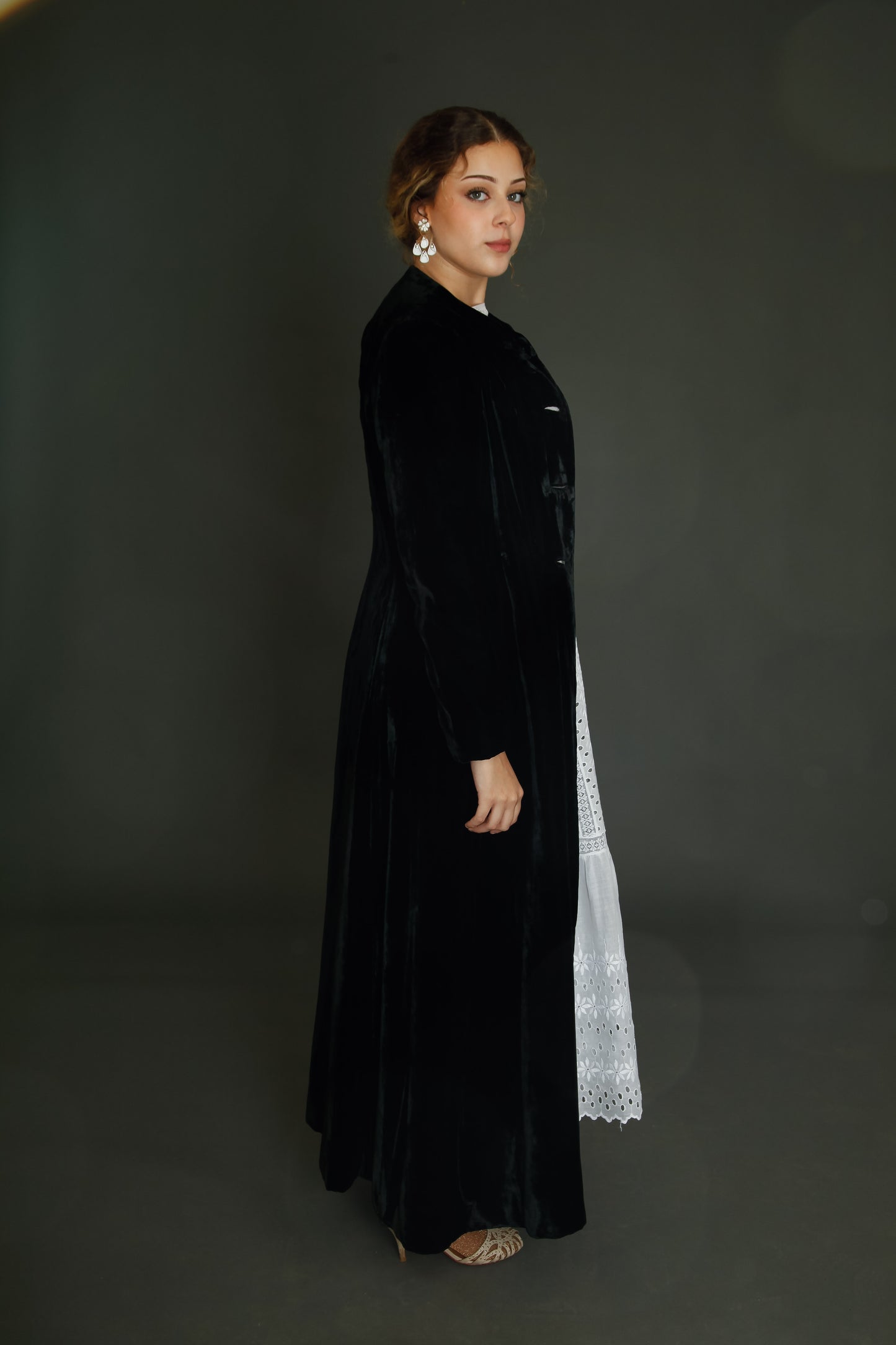1940 Black Silk Velvet Long Evening Coat