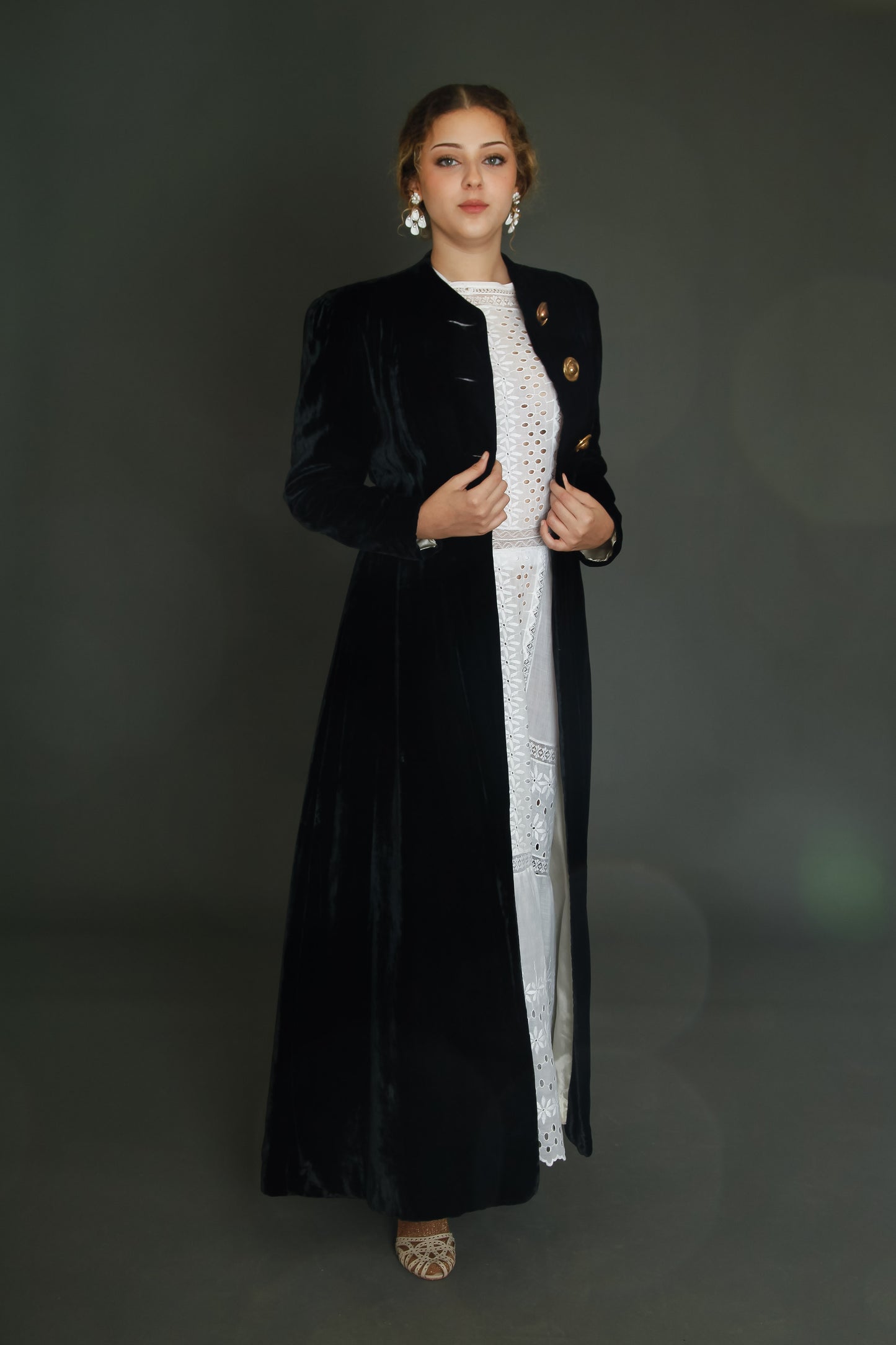 1940 Black Silk Velvet Long Evening Coat