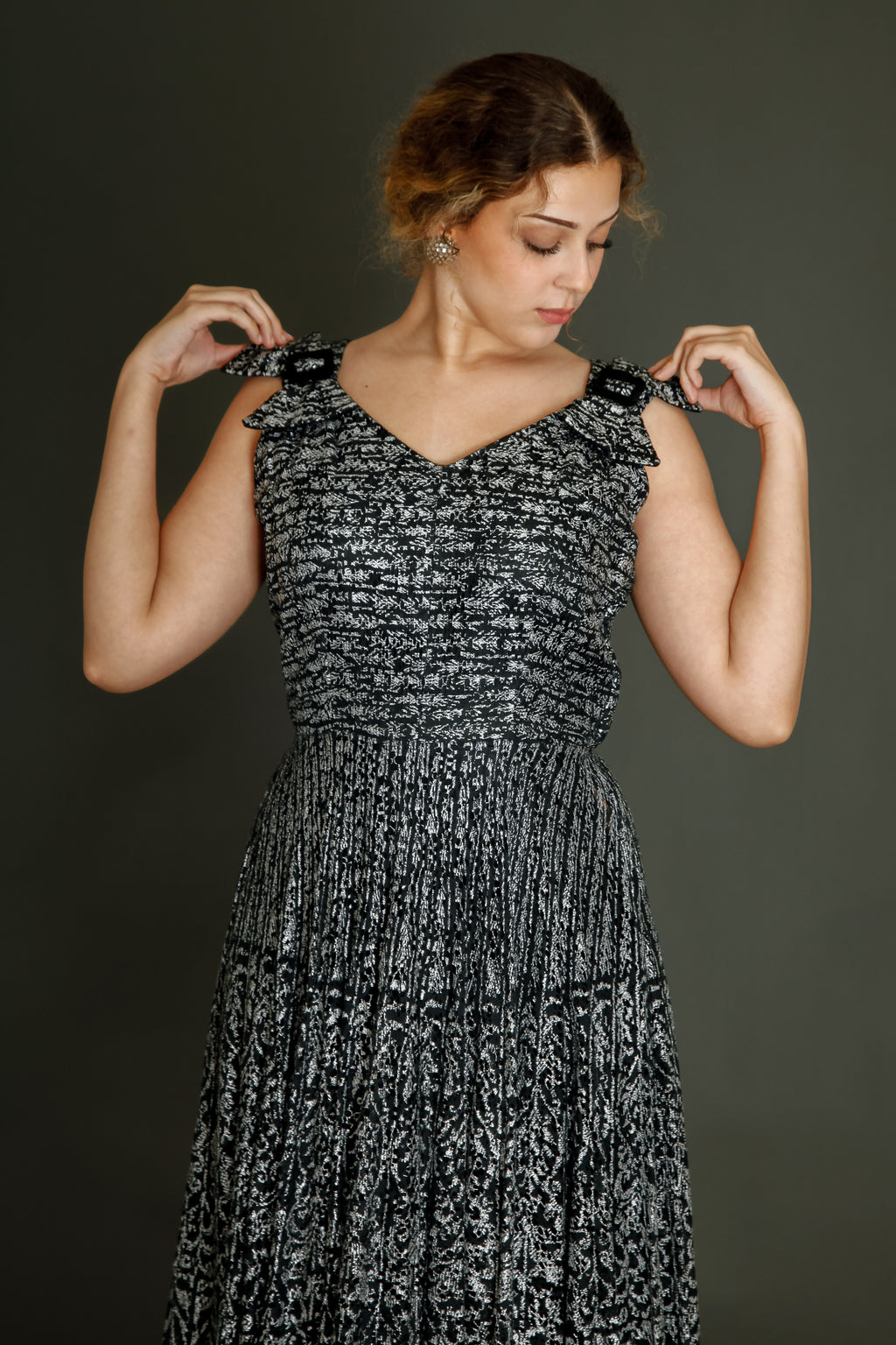 1950 Black Lace Cocktail Dress with Silver Print