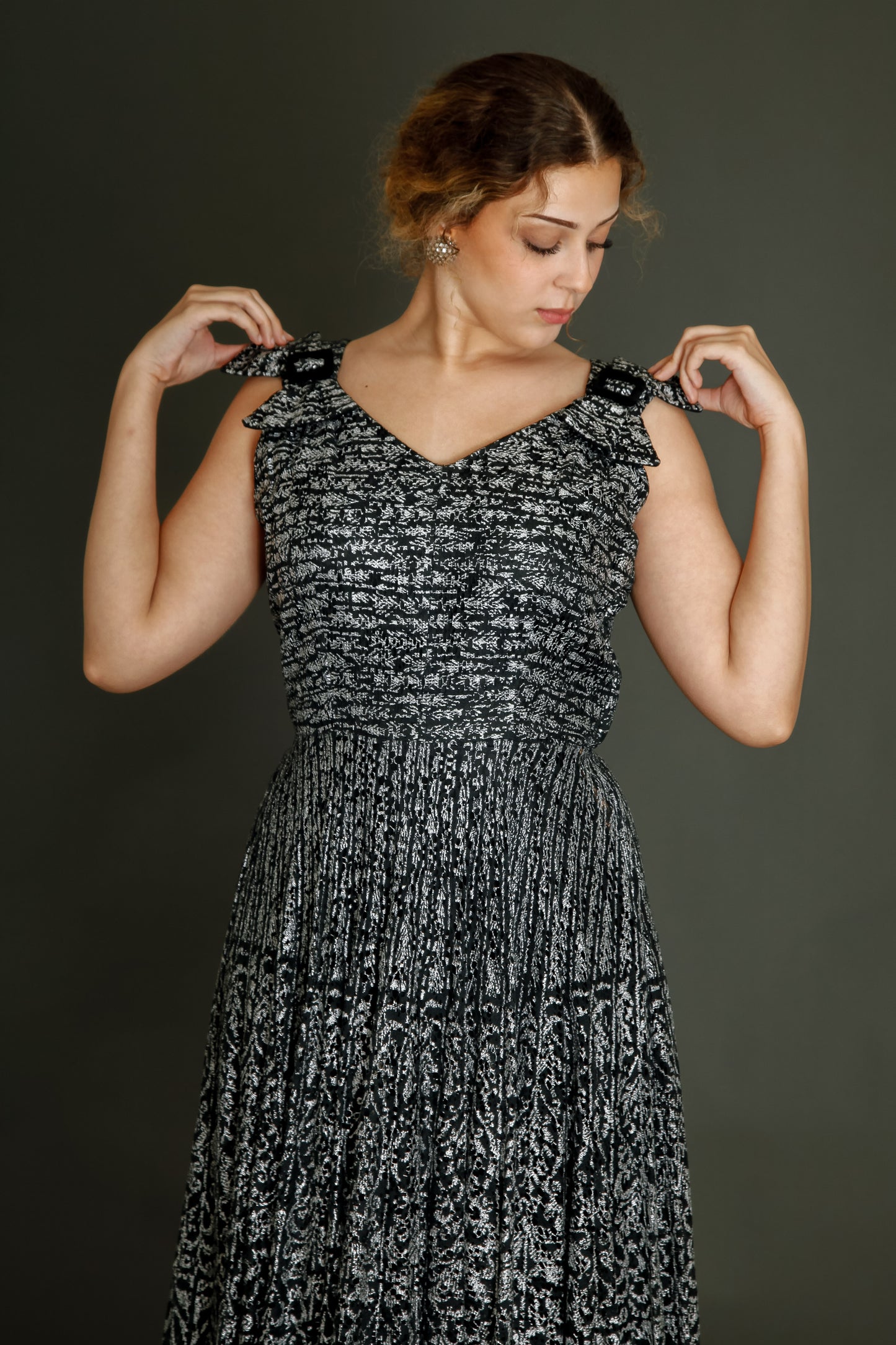 1950 Black Lace Cocktail Dress with Silver Print