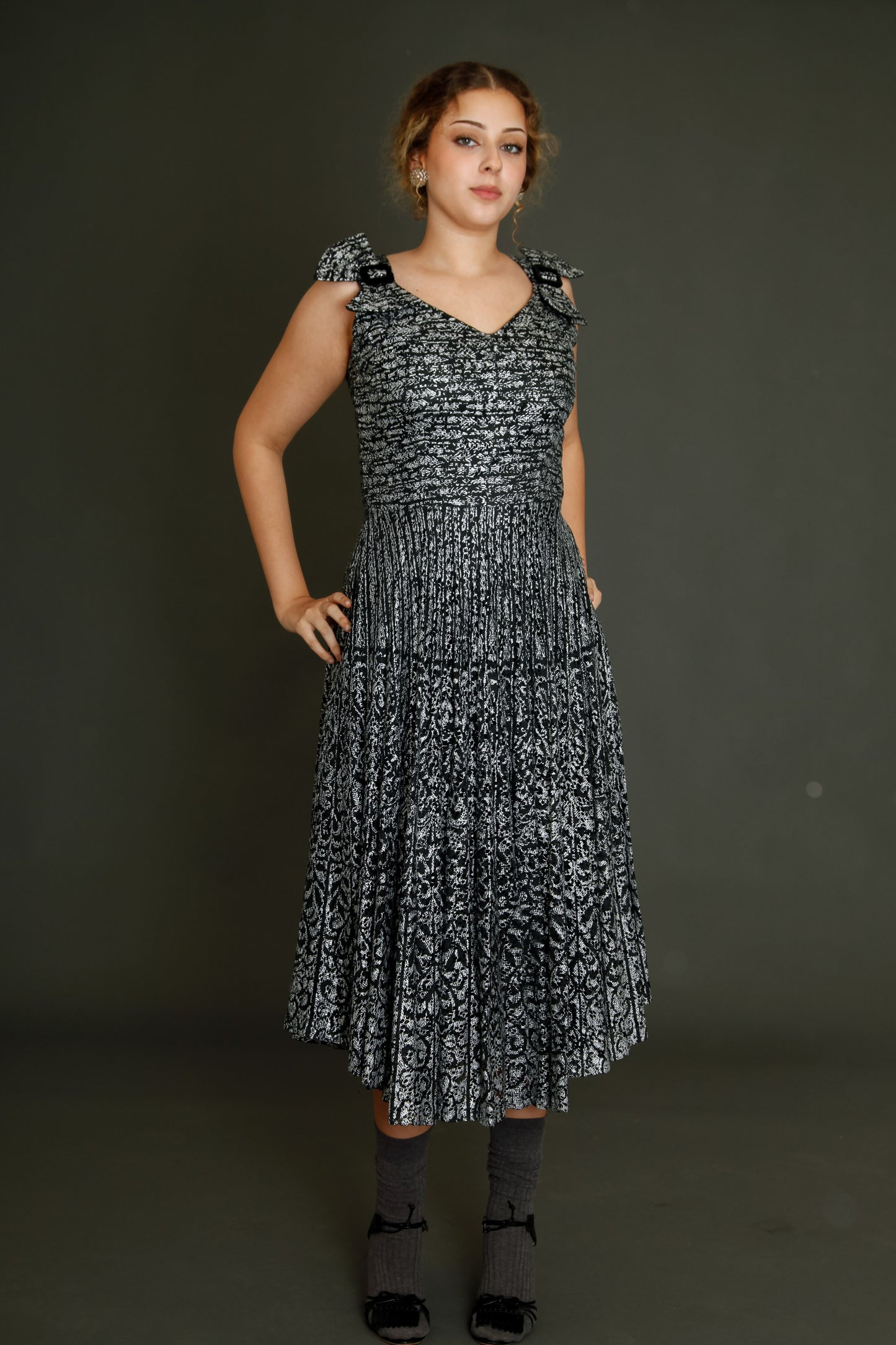 1950 Black Lace Cocktail Dress with Silver Print