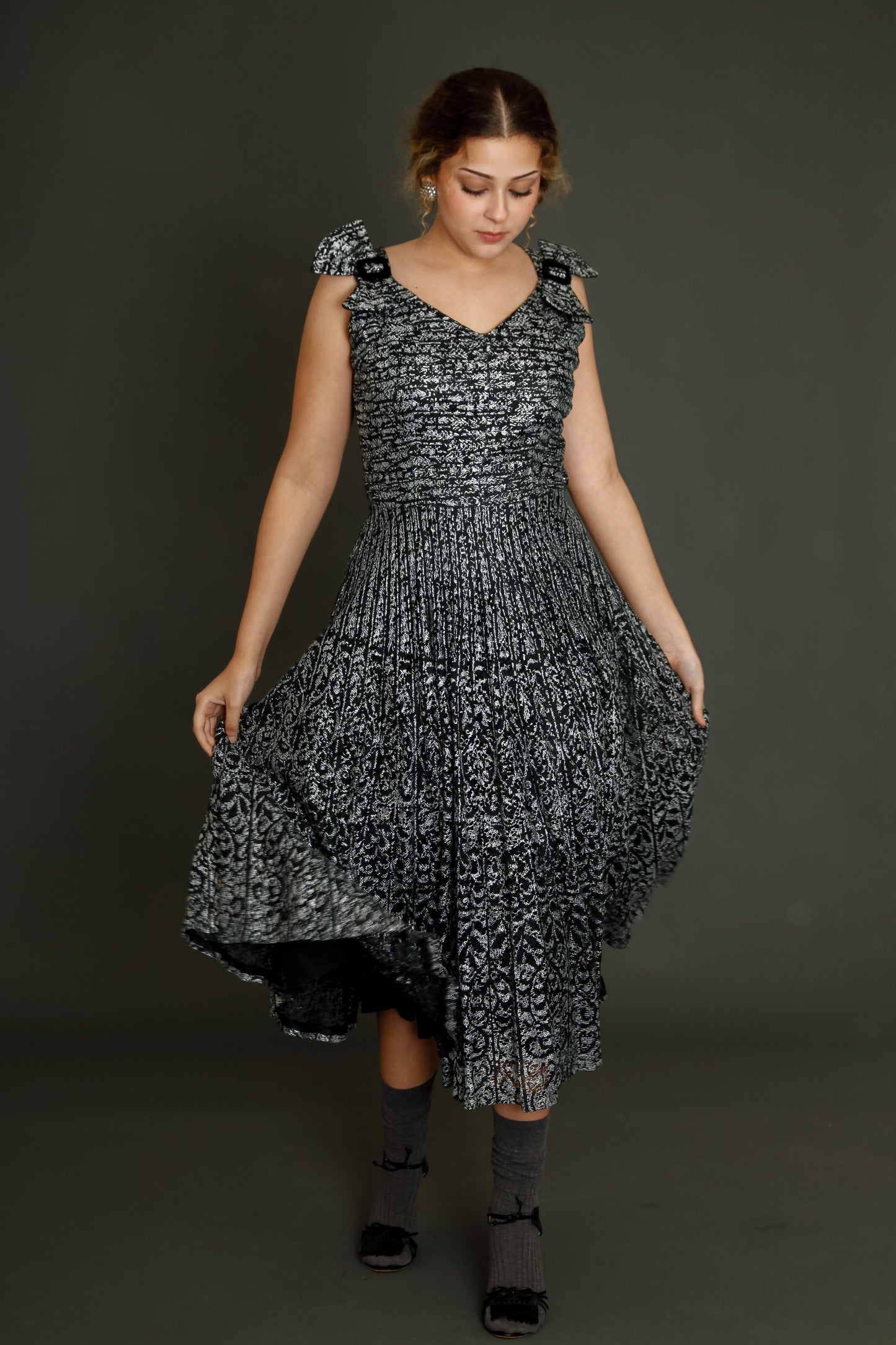 1950 Black Lace Cocktail Dress with Silver Print