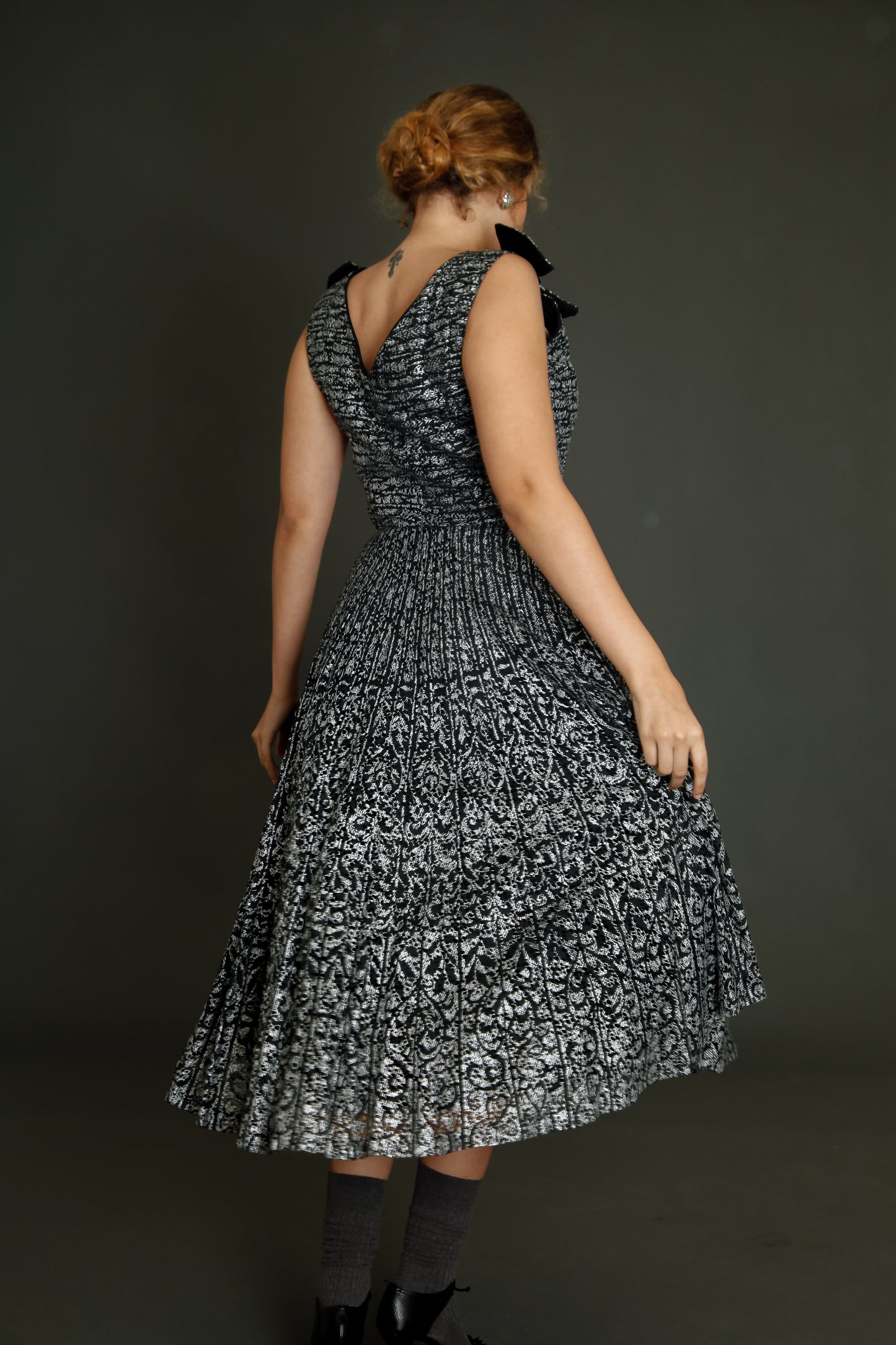 1950 Black Lace Cocktail Dress with Silver Print