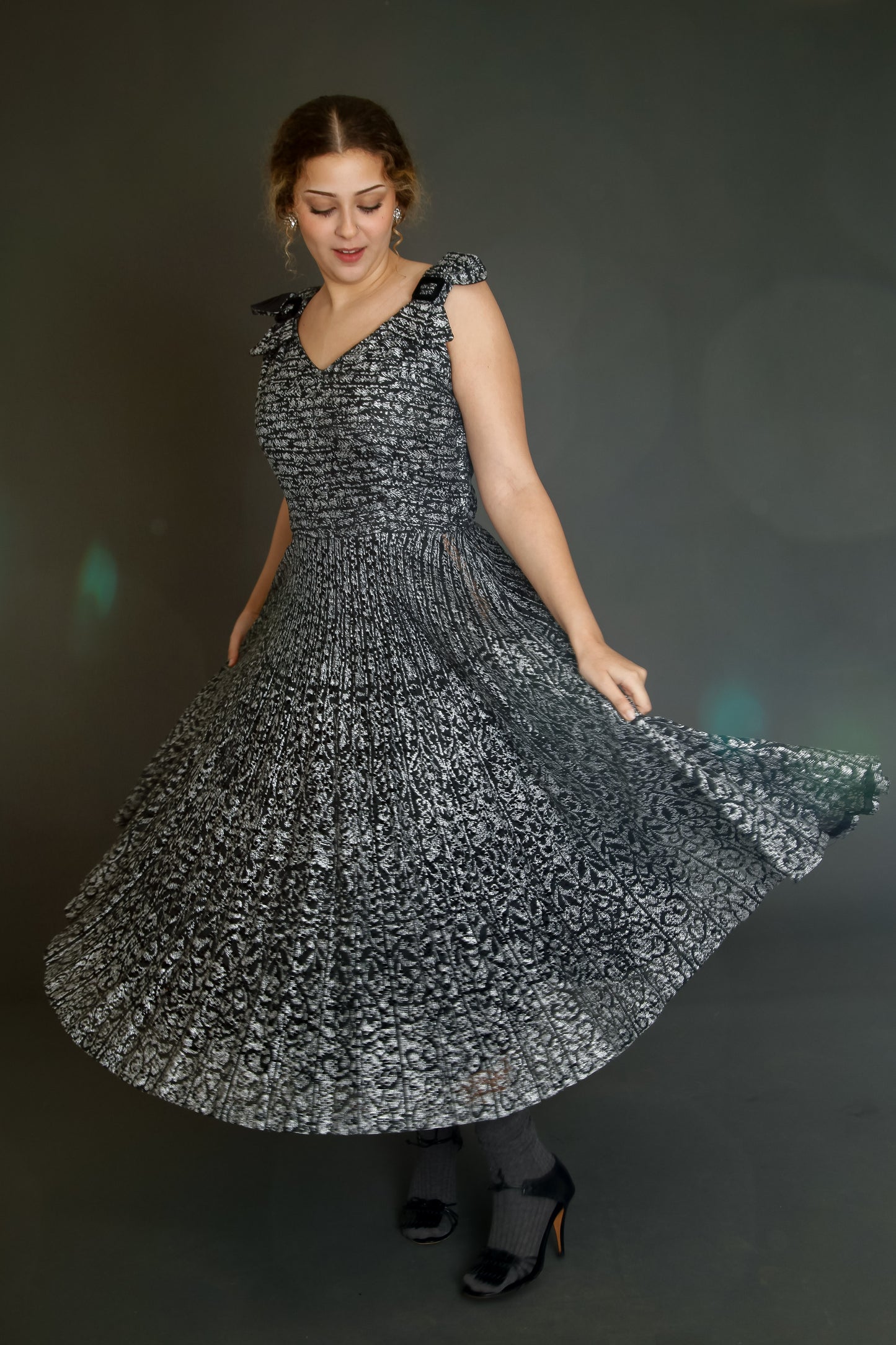 1950 Black Lace Cocktail Dress with Silver Print