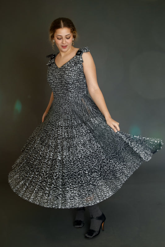 1950 Black Lace Cocktail Dress with Silver Print