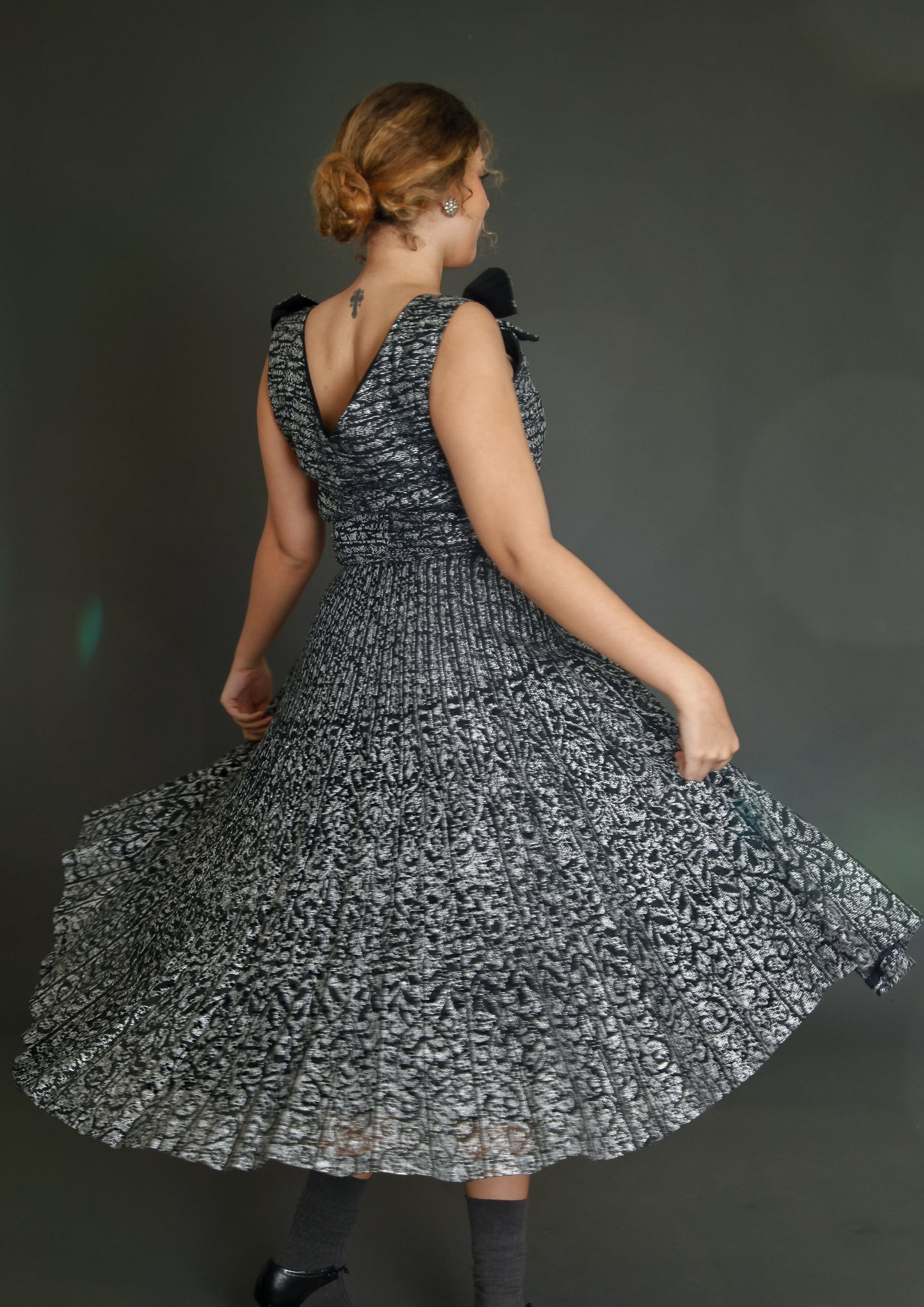 1950 Black Lace Cocktail Dress with Silver Print