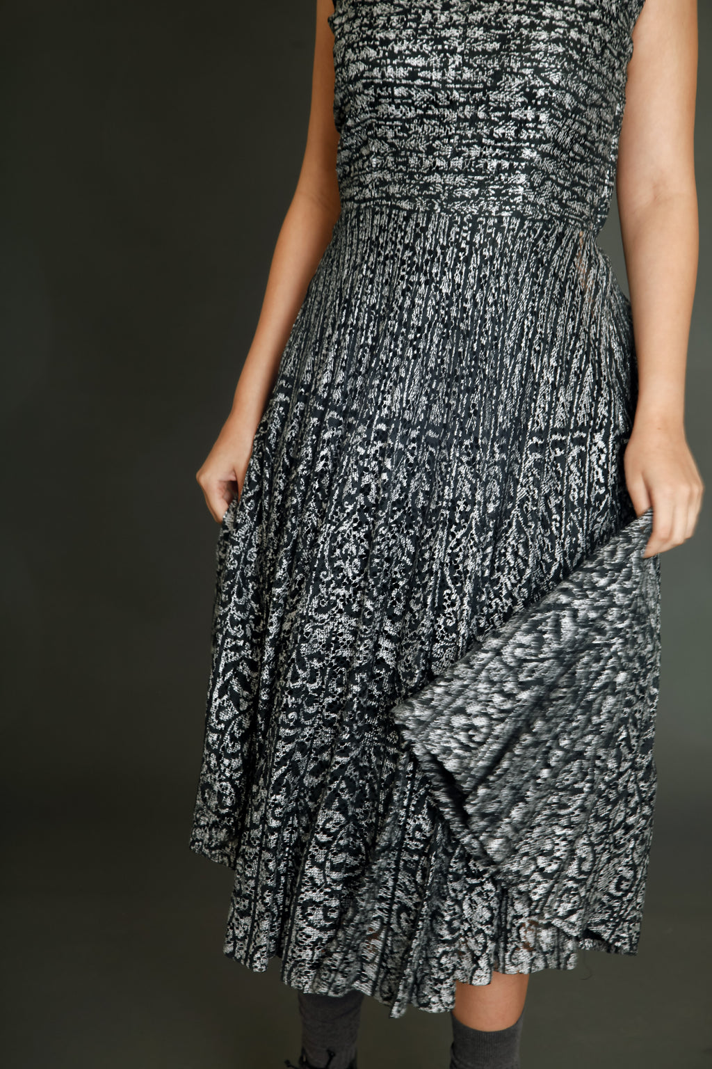1950 Black Lace Cocktail Dress with Silver Print