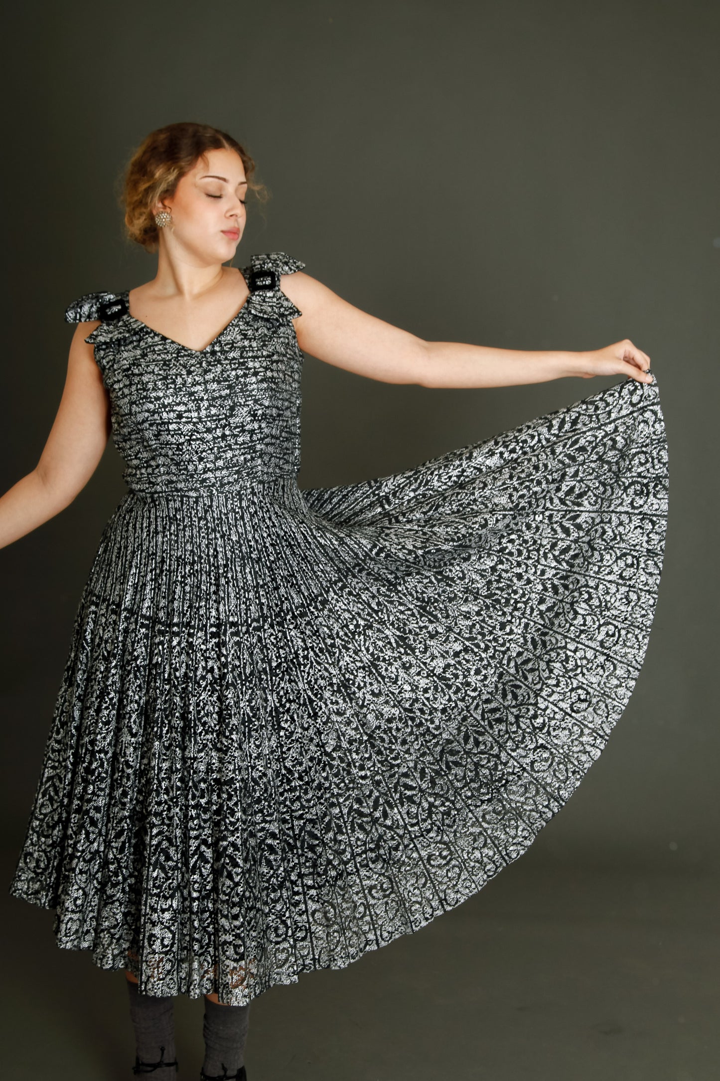 1950 Black Lace Cocktail Dress with Silver Print