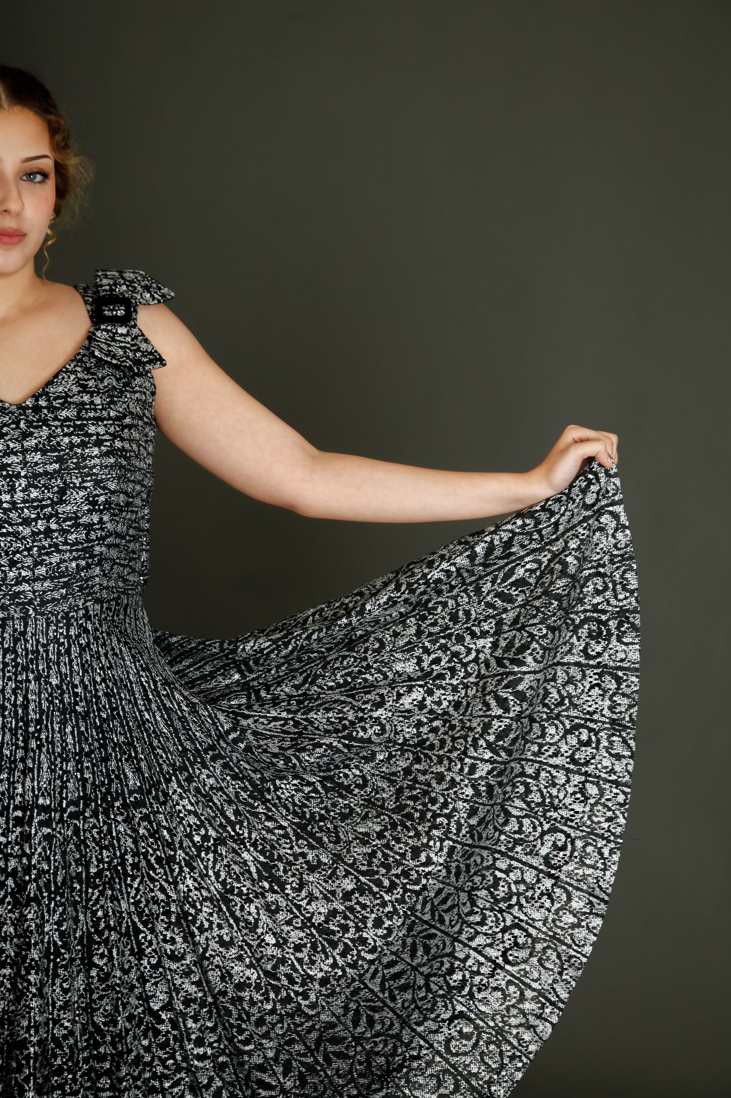 1950 Black Lace Cocktail Dress with Silver Print