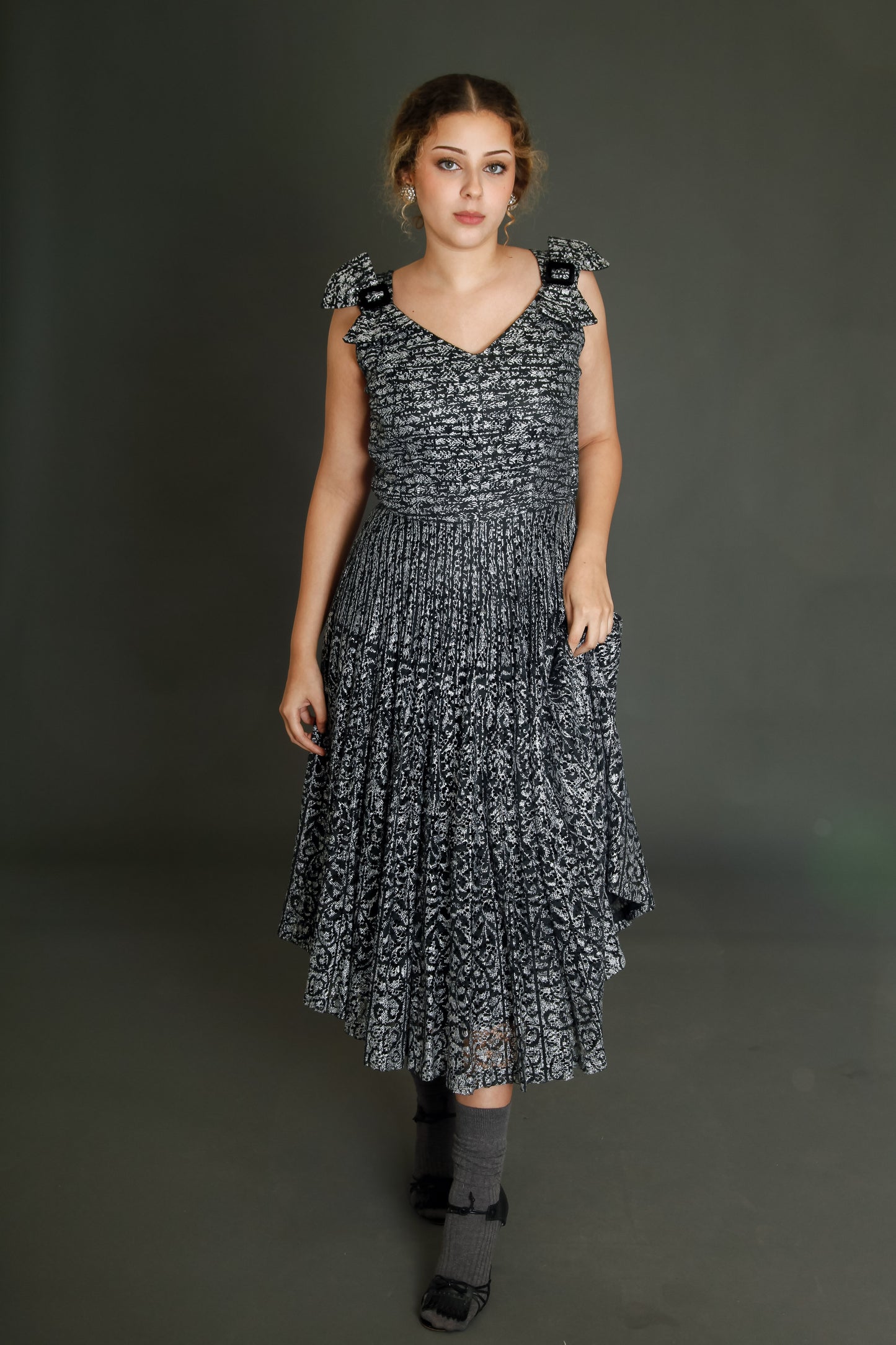 1950 Black Lace Cocktail Dress with Silver Print