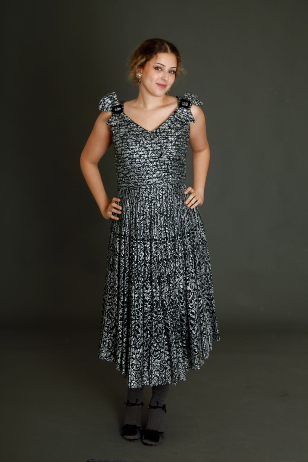 1950 Black Lace Cocktail Dress with Silver Print
