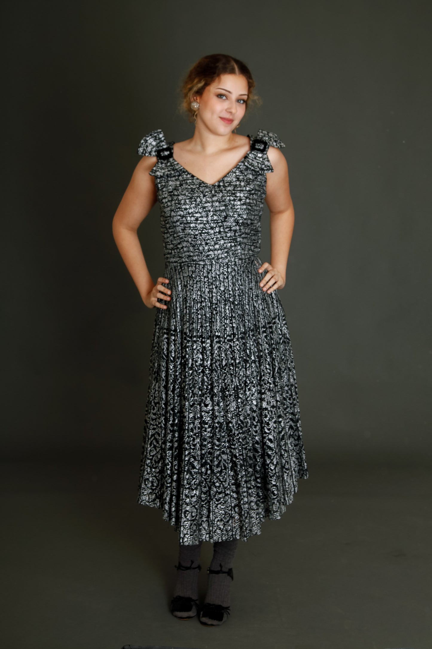 1950 Black Lace Cocktail Dress with Silver Print