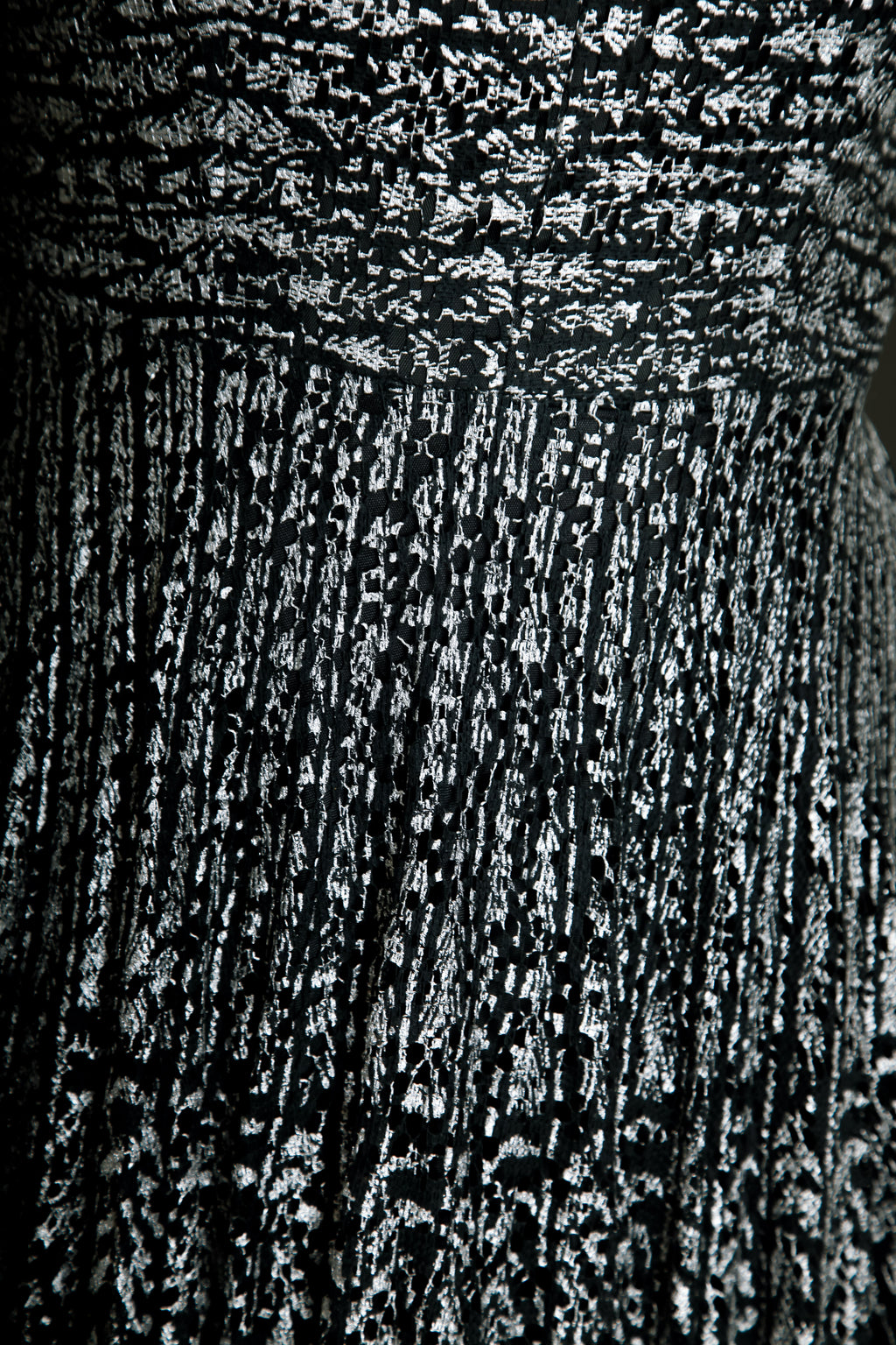 1950 Black Lace Cocktail Dress with Silver Print
