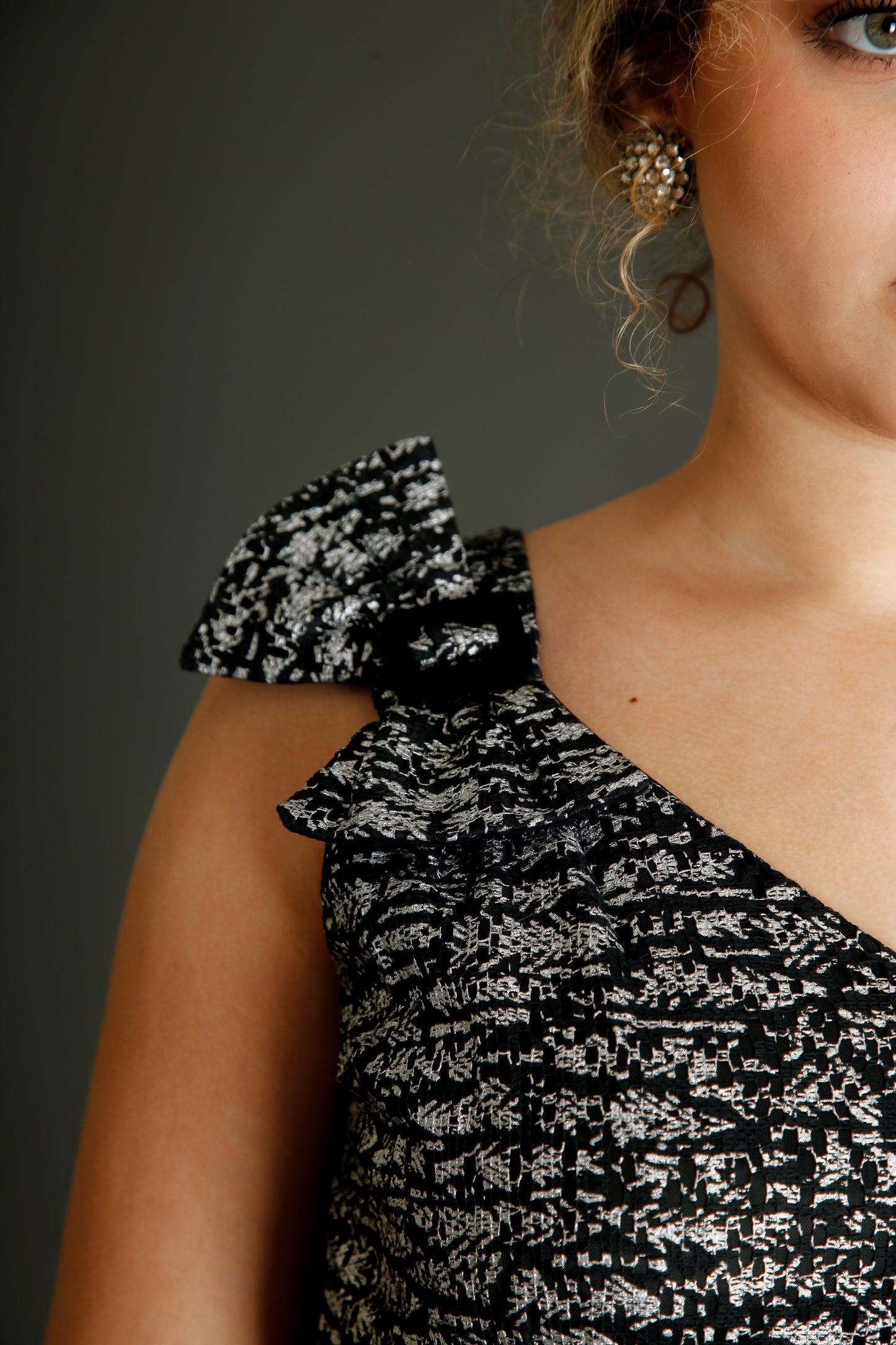 1950 Black Lace Cocktail Dress with Silver Print