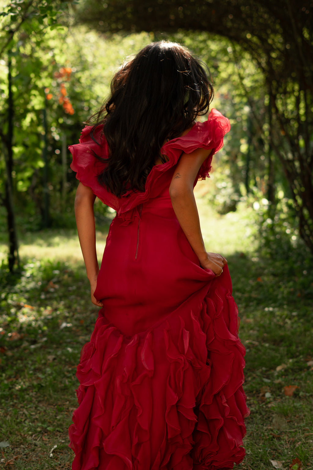 1970  Silk Organdy Ruffles Evening Gown