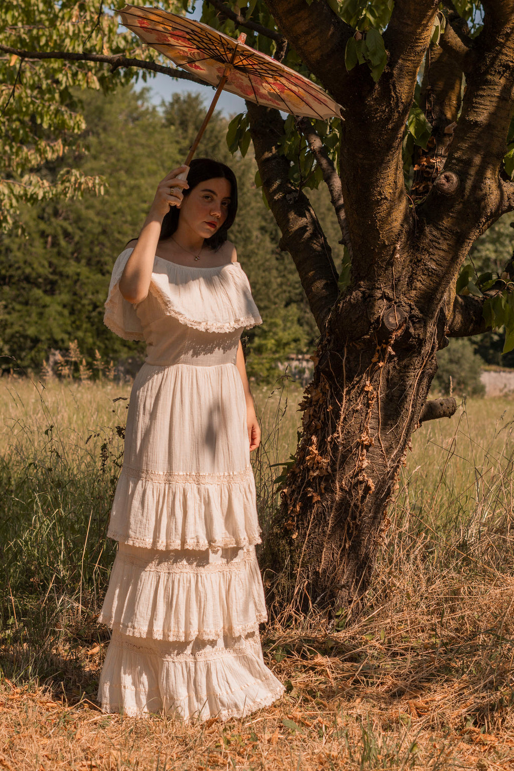 70s Mexican Traditional Off Shoulder Maxi Dress