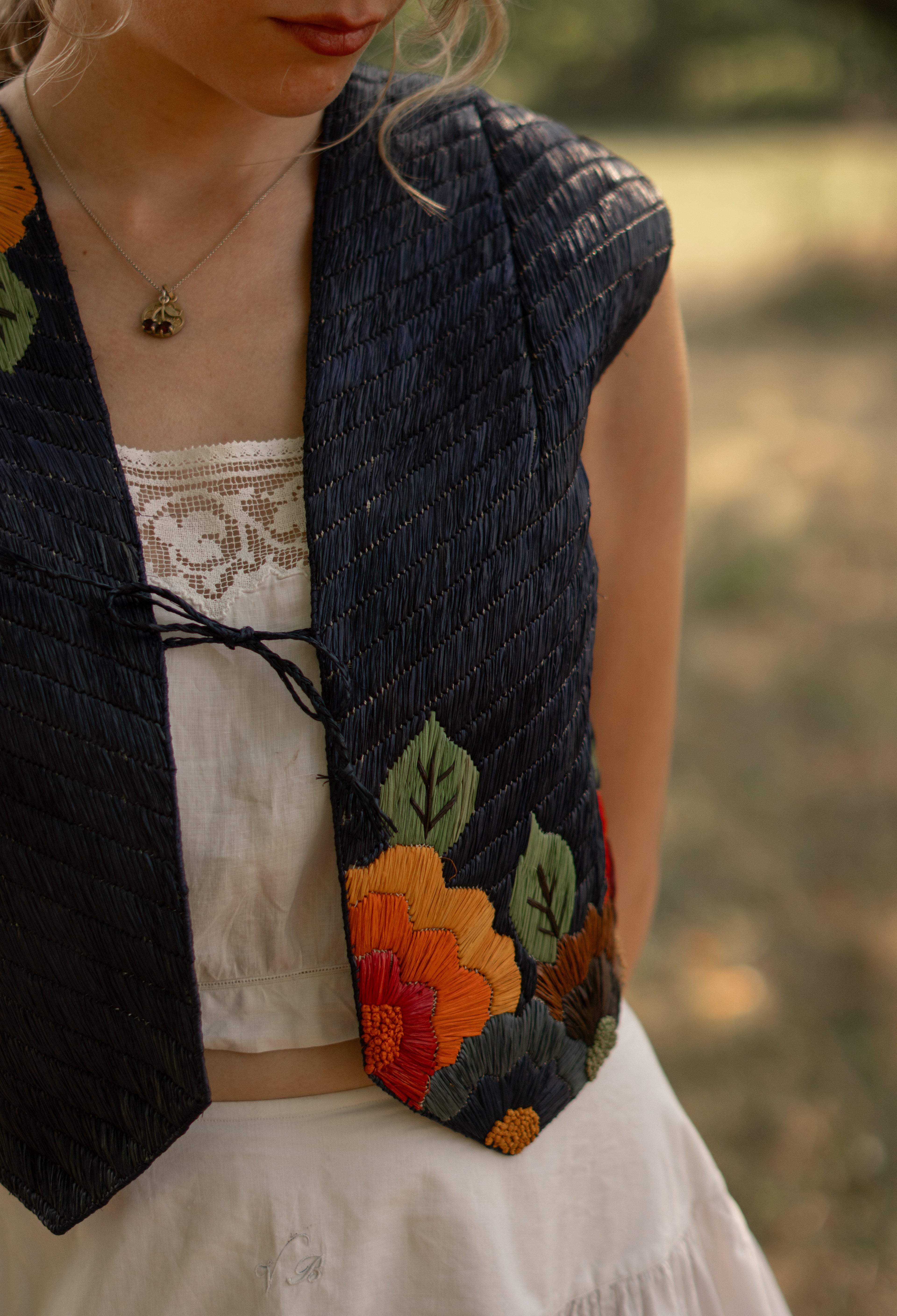 RARE 1920 Hand Embroidered Rafia Vest