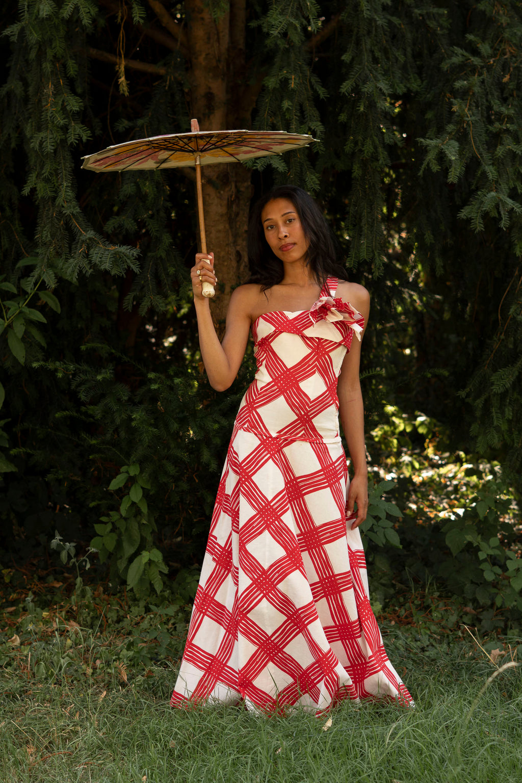 1940 Red and White Checked Long Dress