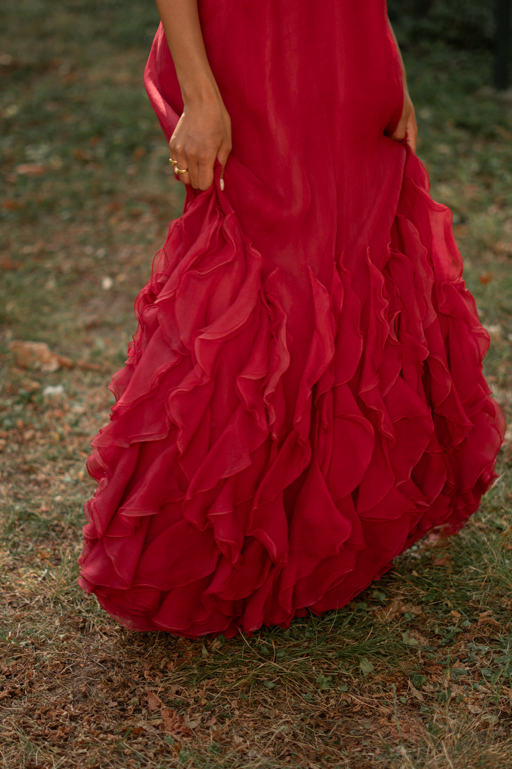 1970  Silk Organdy Ruffles Evening Gown
