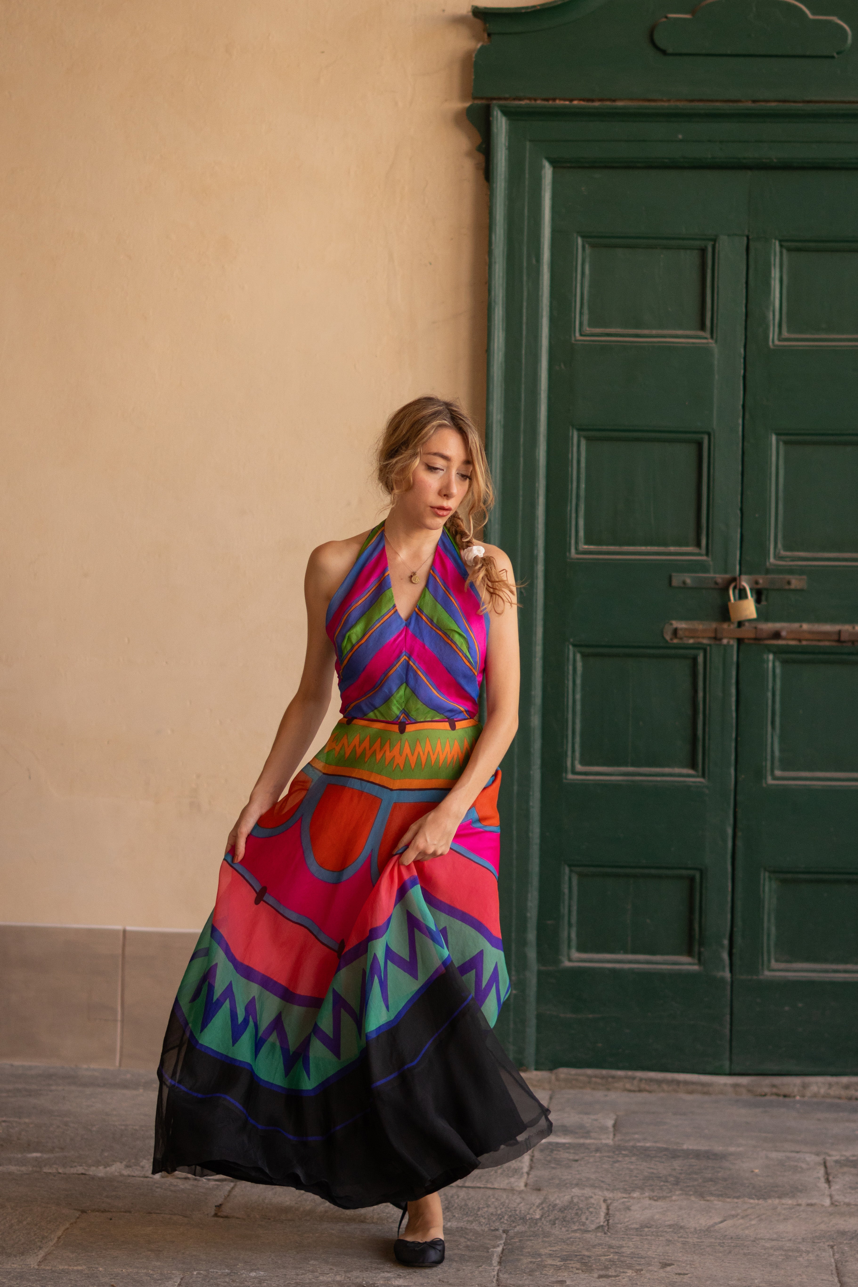 1970 Silk Organdy Halter Dress