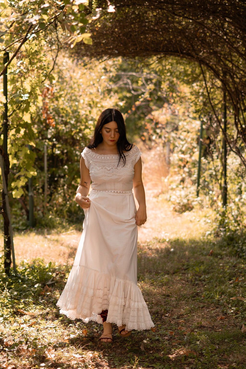 1970s Cotton Maxi Skirt with Broderie Anglaise Ruffles