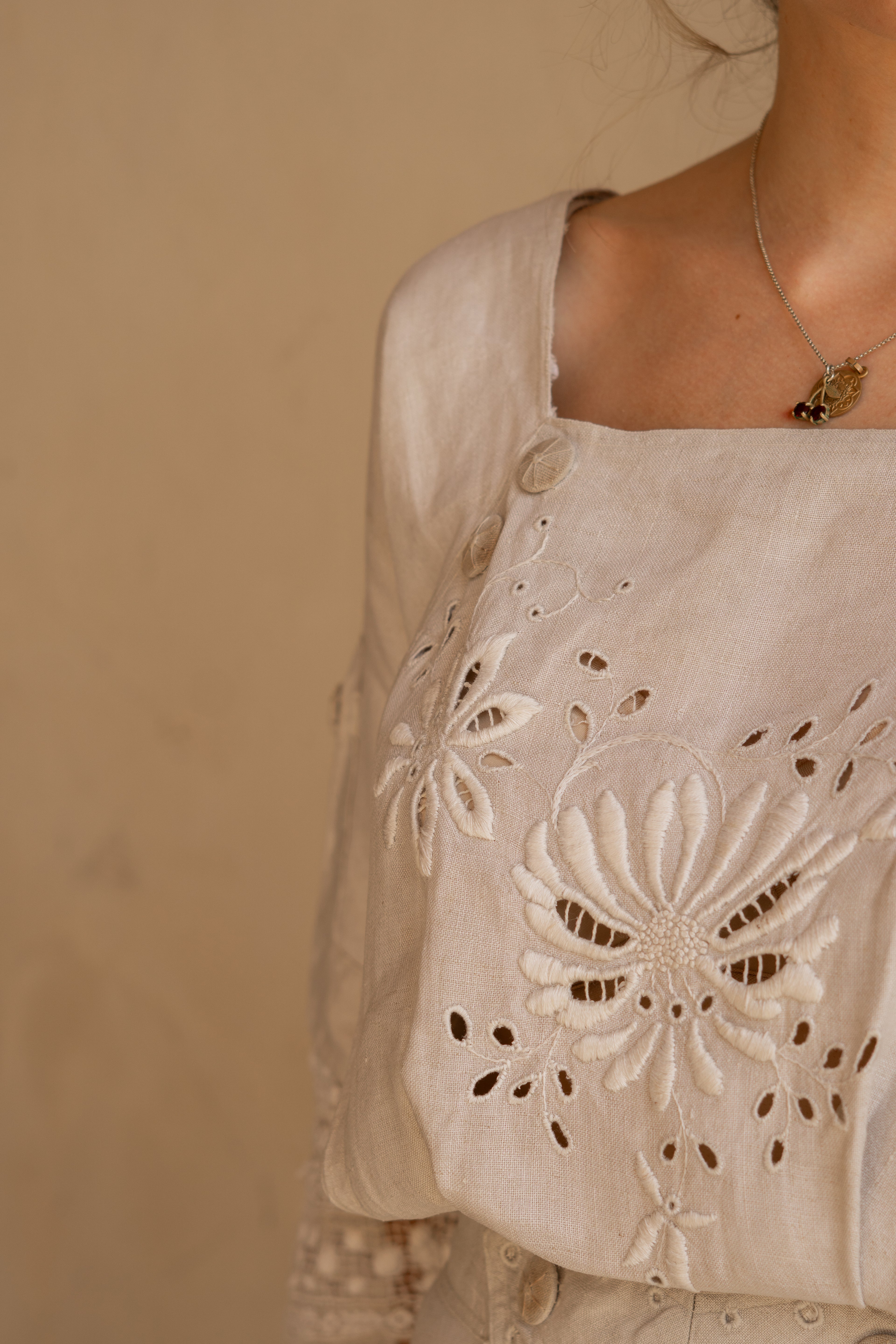 Edwardian Floral Embroidery Linen Dress