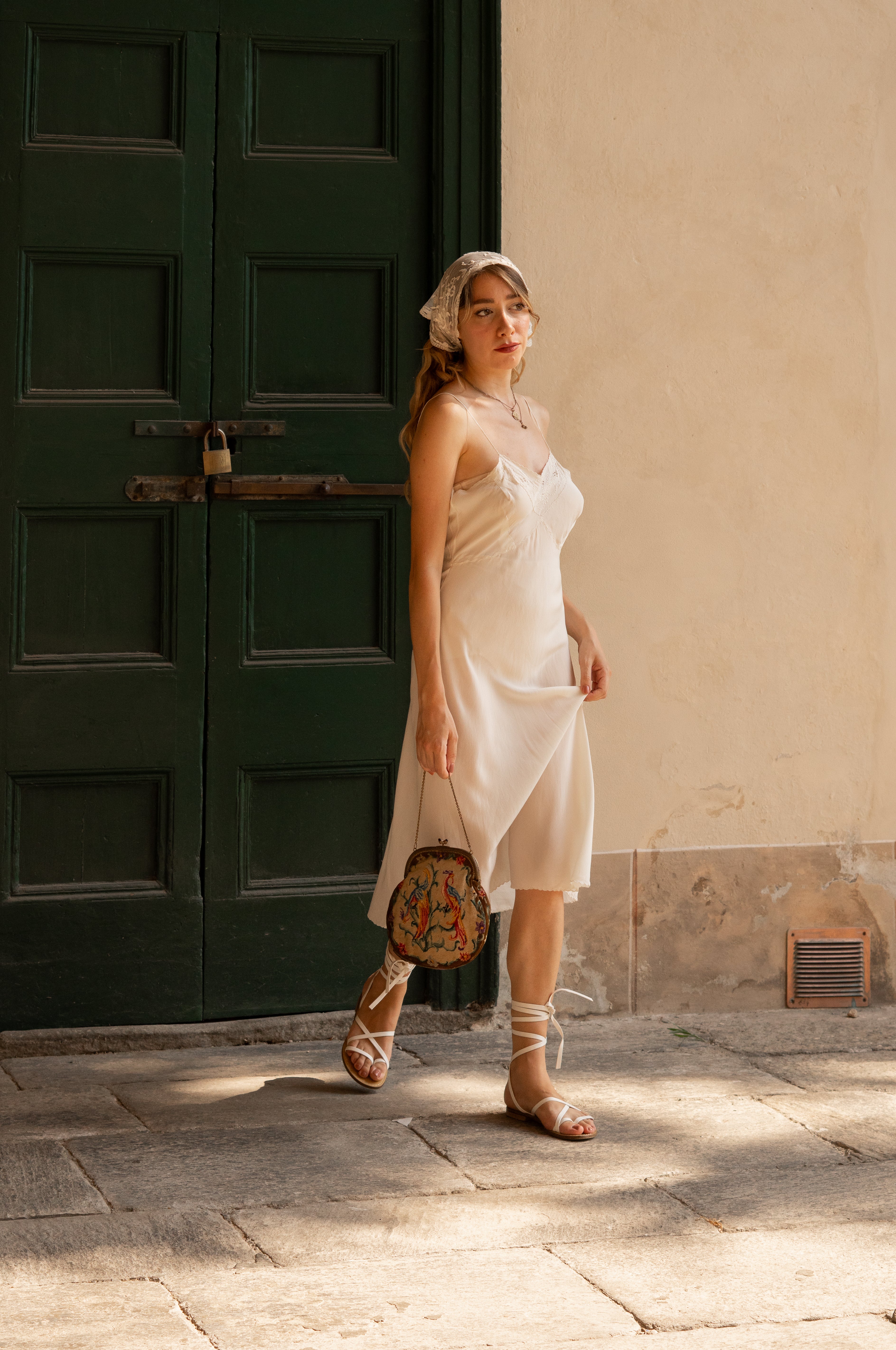 1930 White Silk Slip with Floralk Embroidery