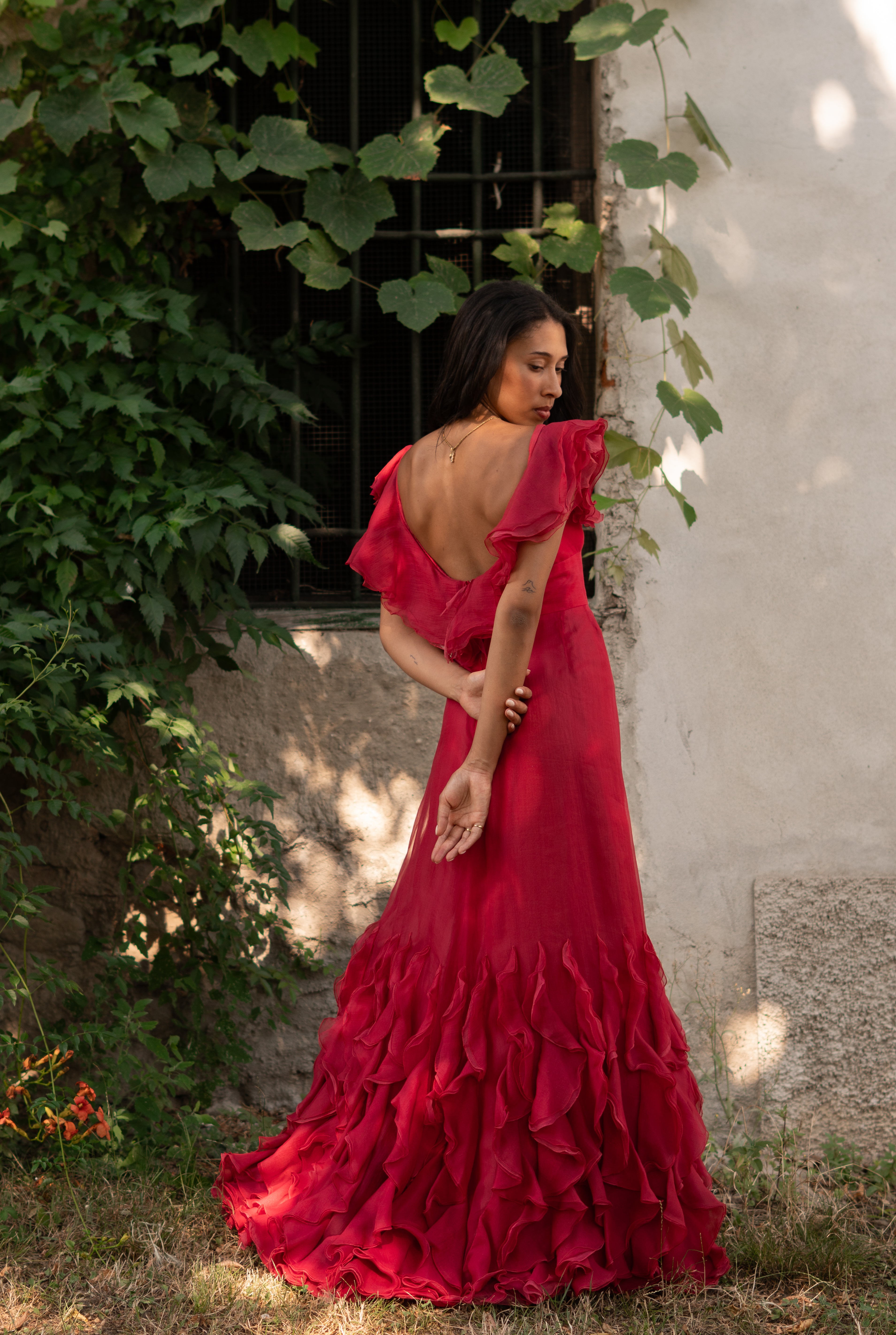 1970  Silk Organdy Ruffles Evening Gown