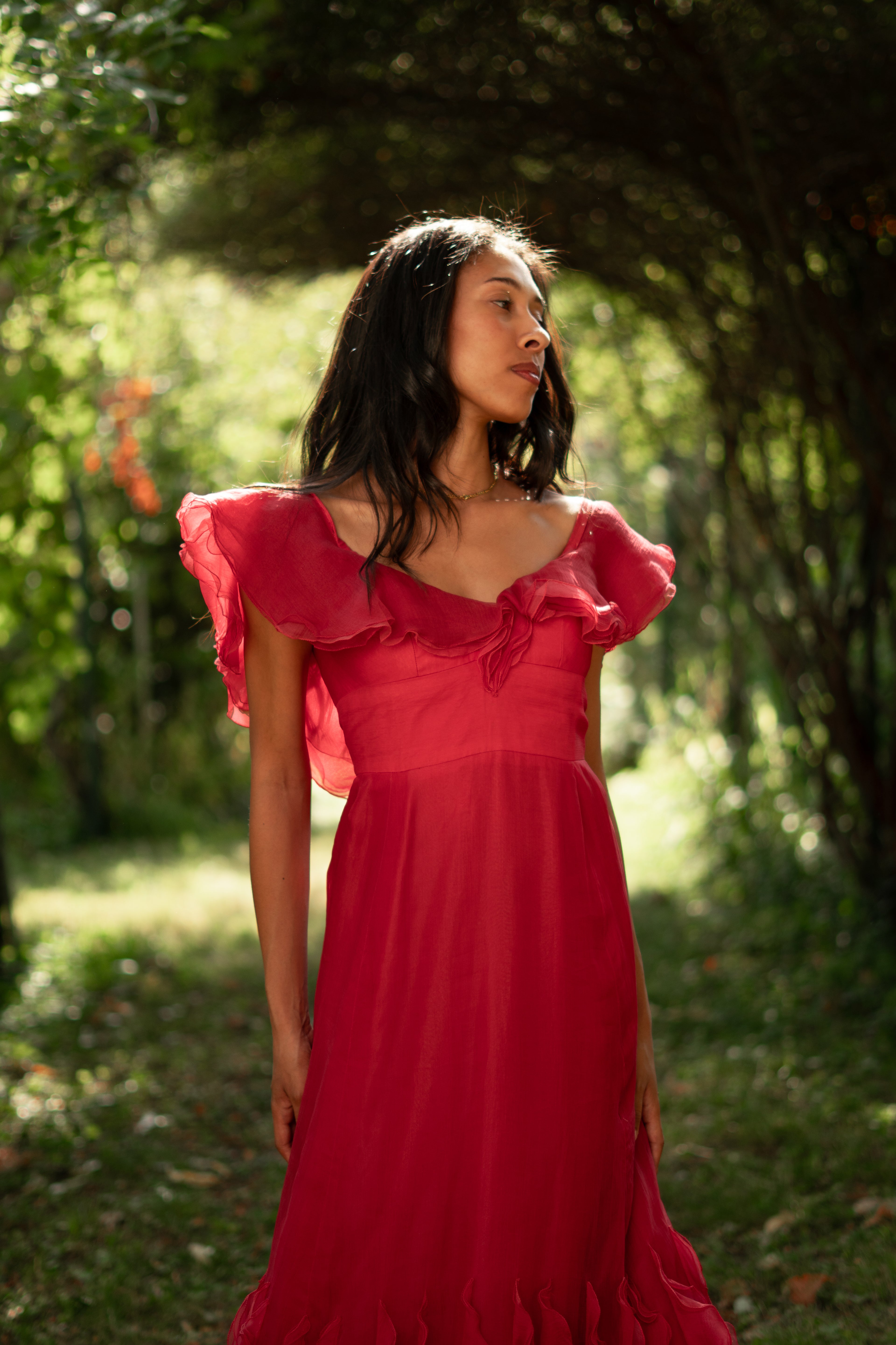 1970  Silk Organdy Ruffles Evening Gown